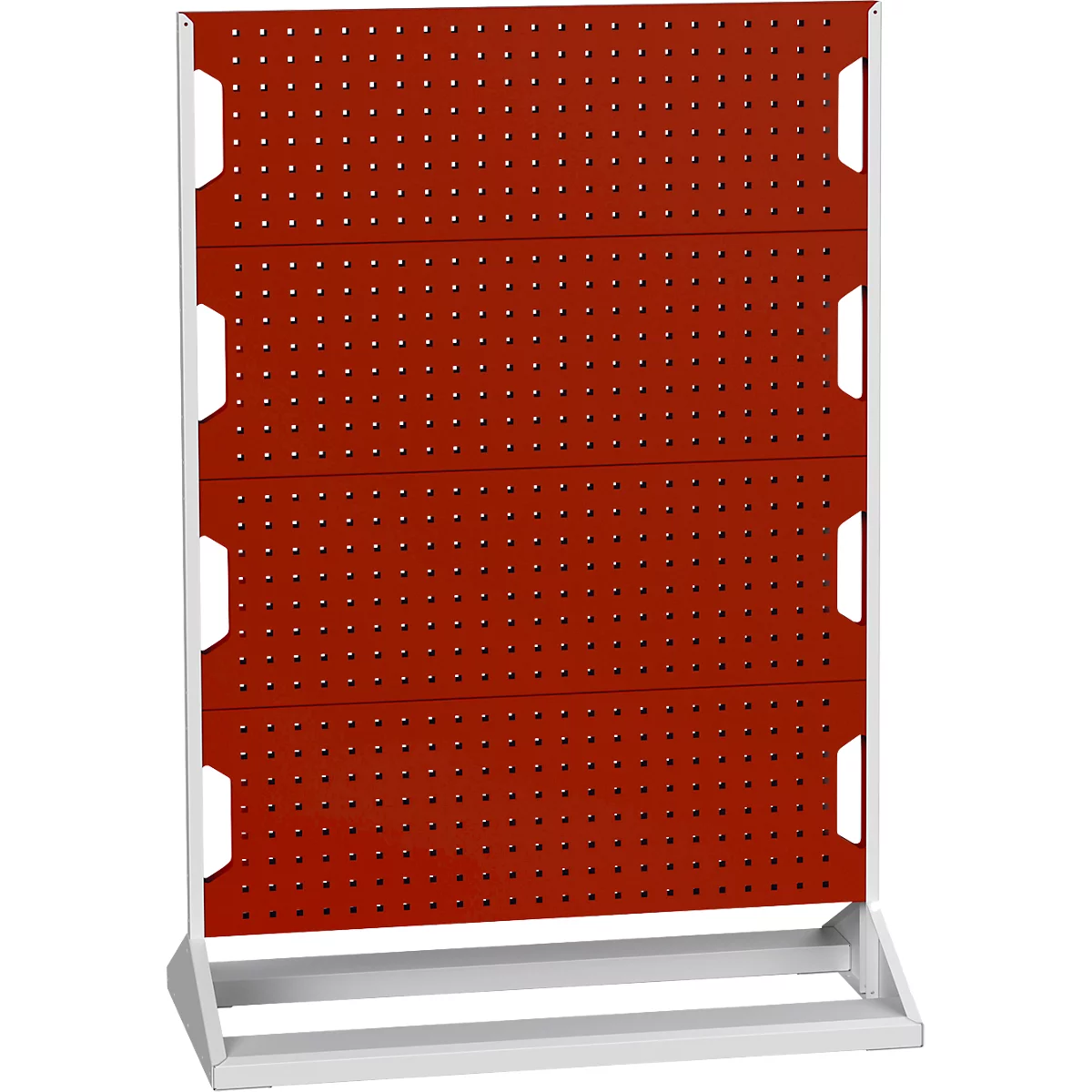 Rote Lochwand mit weißen Rahmen und Stützen. Die Lochwand ist mit vielen kleinen Löchern versehen.