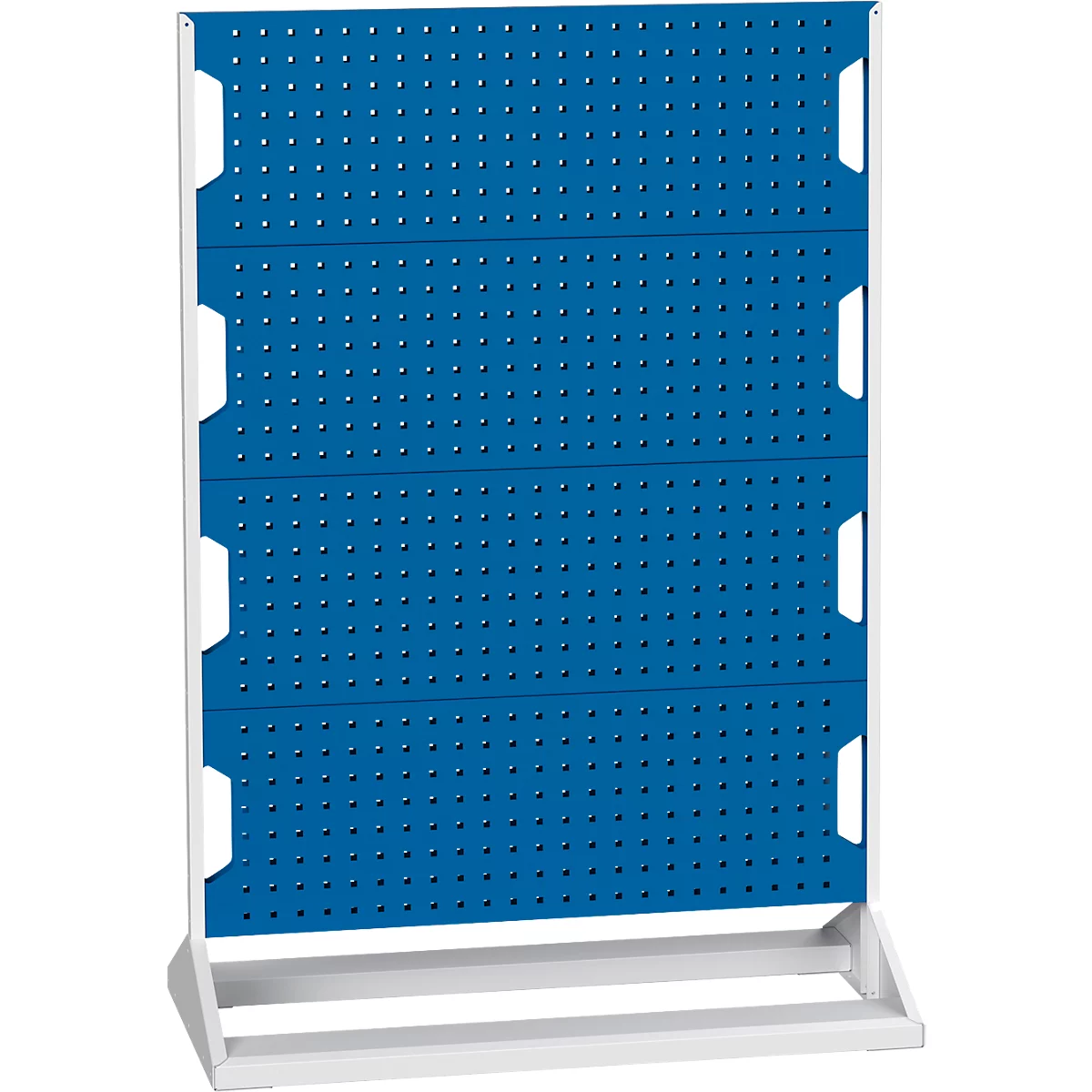 Blaues Lochblech auf weißem Gestell, mit kleinen Löchern versehen.