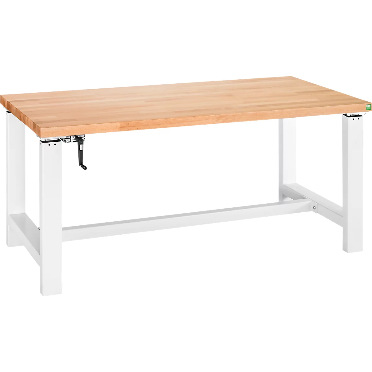 Hellbraune Werkbank mit weißem Gestell, im Detail erkennbar die Höhenverstellung