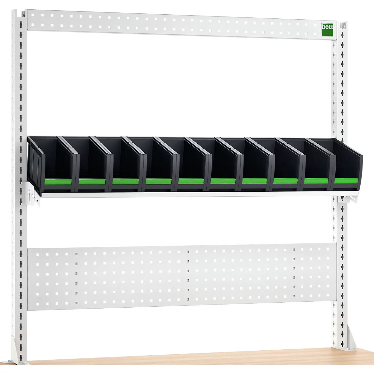 Bott verso A6 montageframeset, voor verso werkbank, bovenblad met sleuven, 10 bottBoxen, B 1350 x D 435 x H 1357 mm, plaatstaal, RAL 7035 lichtgrijs