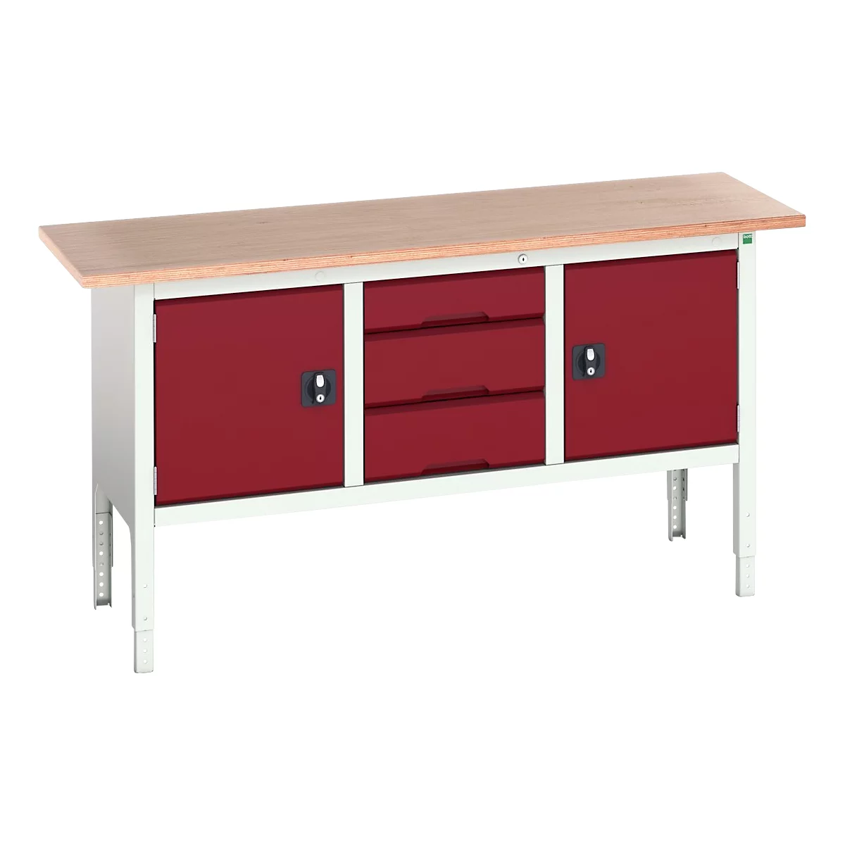 Bott verso box-type werkbank, met multiplex blad, 3 laden &amp; 2 deuren, B 1750 x D 600 x H 830 - 930 mm, RAL 7035 lichtgrijs / RAL 3004 paarsrood