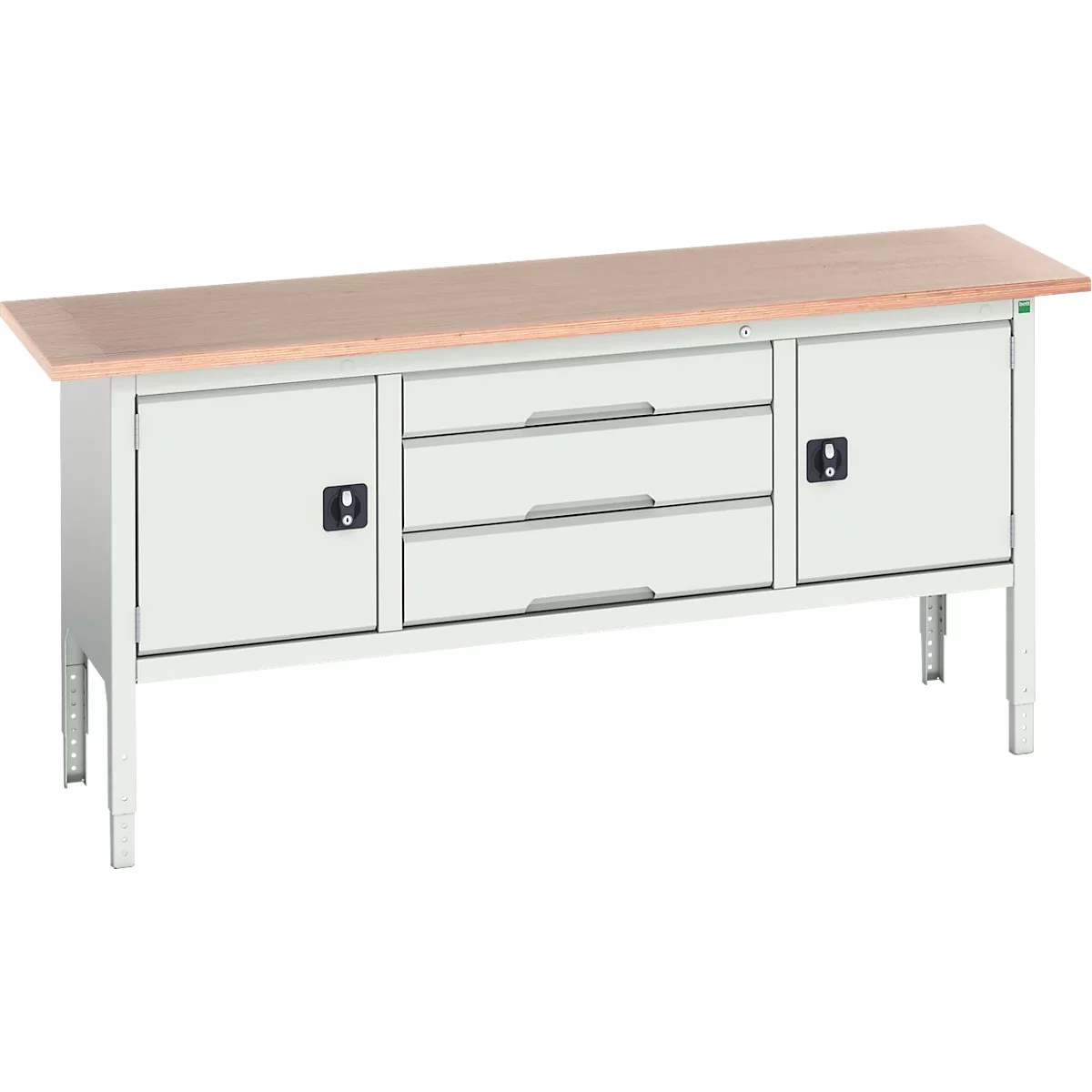 Bott verso box-type werkbank, met multiplex blad, 3 laden &amp; 2 deuren, B 2000 x D 600 x H 830 - 930 mm, lichtgrijs RAL 7035