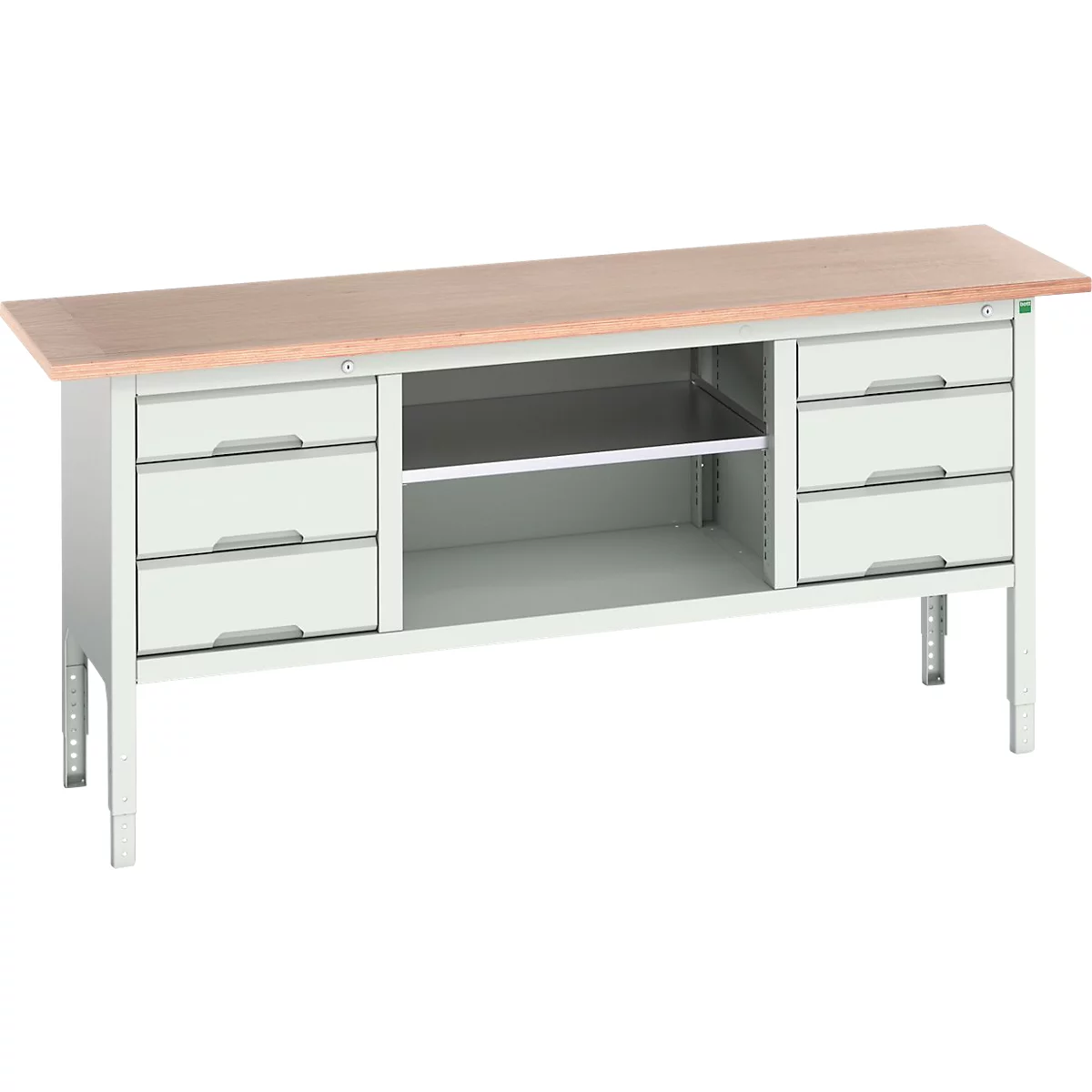 Bott verso box-type werkbank, met multiplex blad, 6 laden &amp; 1 legplank, B 2000 x D 600 x H 830 - 930 mm, RAL 7035 lichtgrijs