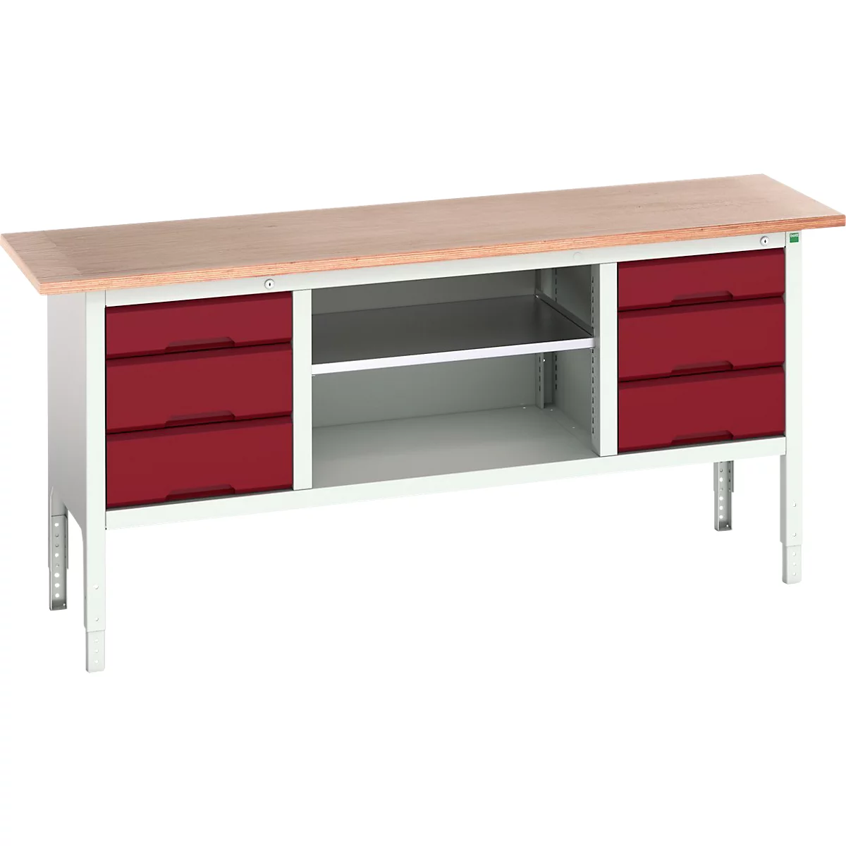 Bott verso box-type werkbank, met multiplex blad, 6 laden &amp; 1 legplank, B 2000 x D 600 x H 830 - 930 mm, RAL 7035 lichtgrijs / RAL 3004 paarsrood