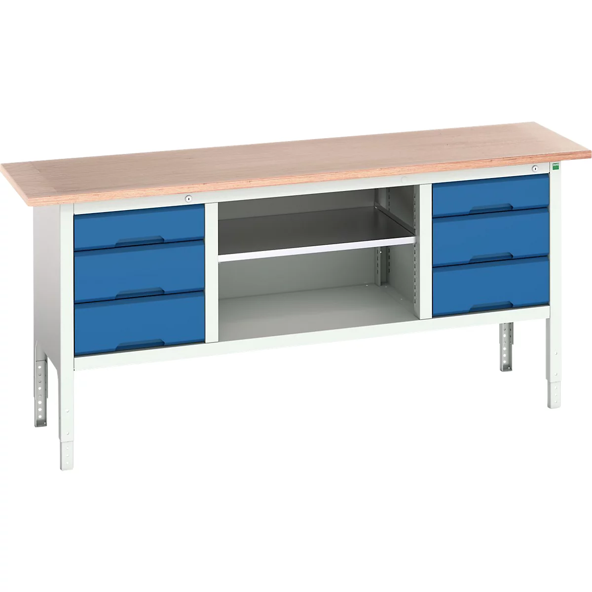 Bott verso box-type werkbank, met multiplex blad, 6 laden &amp; 1 legplank, B 2000 x D 600 x H 830 - 930 mm, RAL 7035 lichtgrijs / RAL 5010 gentiaanblauw