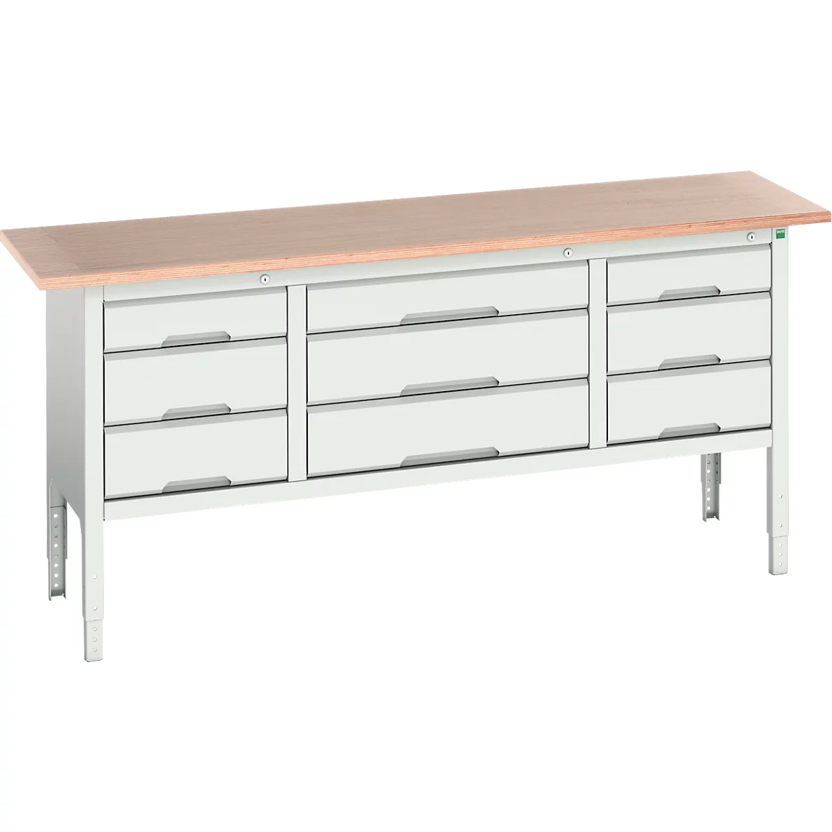 Bott verso box-type werkbank, met multiplex blad, 9 laden, B 2000 x D 600 x H 830 - 930 mm, lichtgrijs RAL 7035