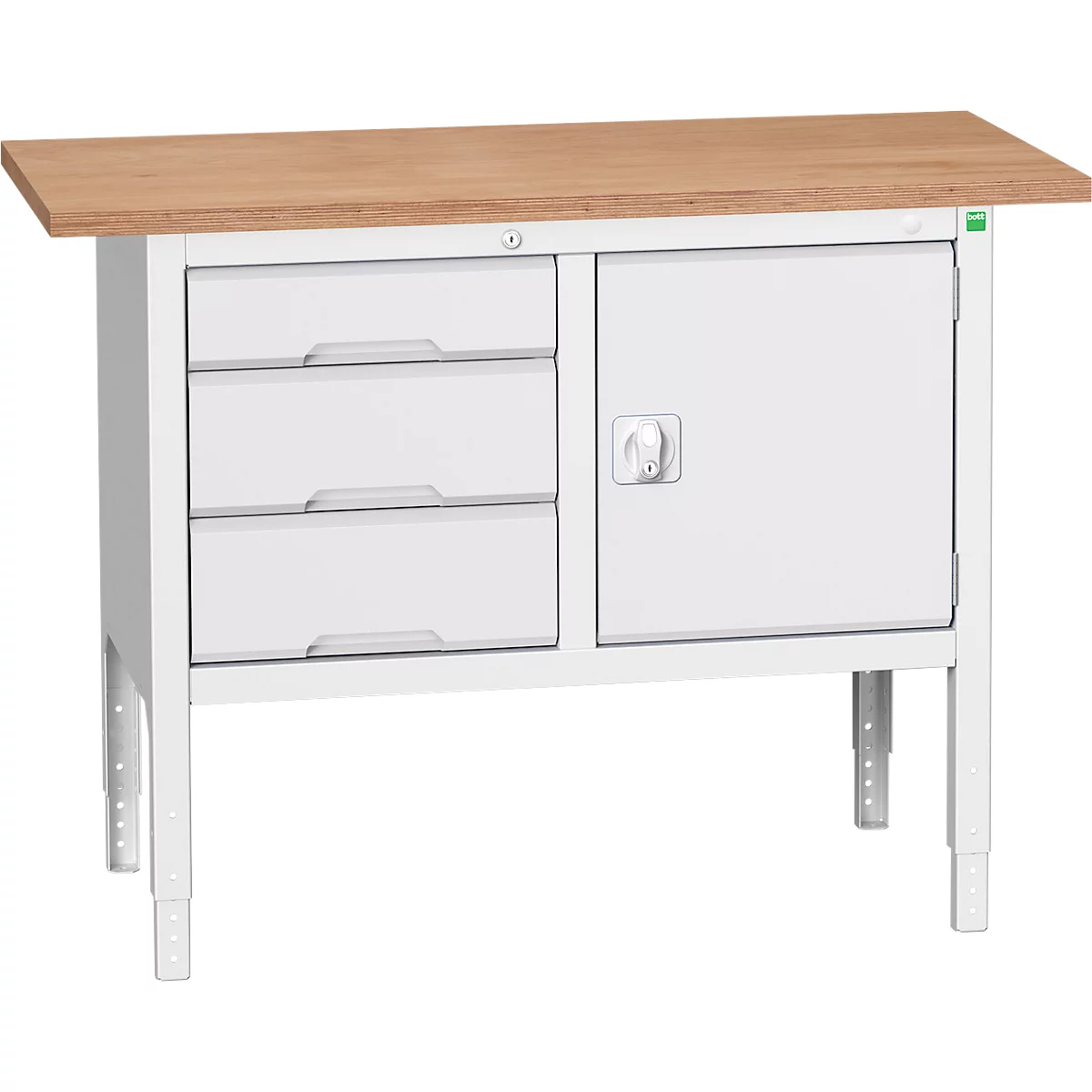 Bott verso box-type werkbank, multiplex blad, 3 laden &amp; 1 deur, B 1250 x D 600 x H 830 - 930 mm, RAL 7035 lichtgrijs