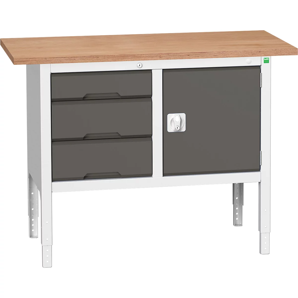 Bott verso box-type werkbank, multiplex legbord, 3 laden &amp; 1 deur, B 1250 x D 600 x H 830 - 930 mm, RAL 7035 lichtgrijs / antracietgrijs