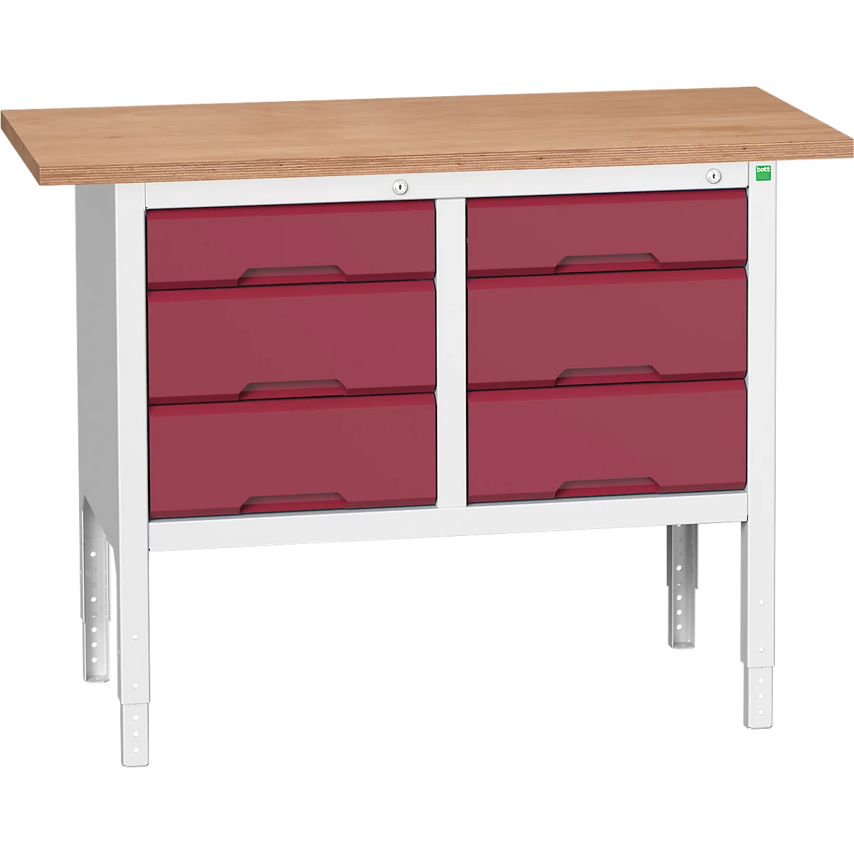 Bott verso box werkbank, multiplex legbord, 6 laden, B 1250 x D 600 x H 830 - 930 mm, RAL 7035 lichtgrijs / paarsrood