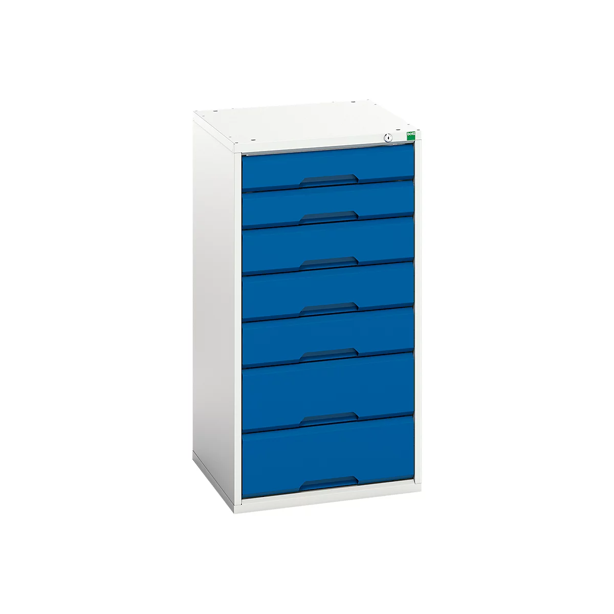 Bott verso ladekast, 7 laden, tot 75 kg per lade, vleugeldeur, volledig uittrekbaar, B 525 x D 550 x H 1000 mm, plaatstaal, grijsblauw