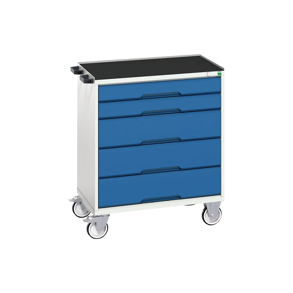 Blue workshop cart with four drawers on wheels. Black worktop and drawer handles.