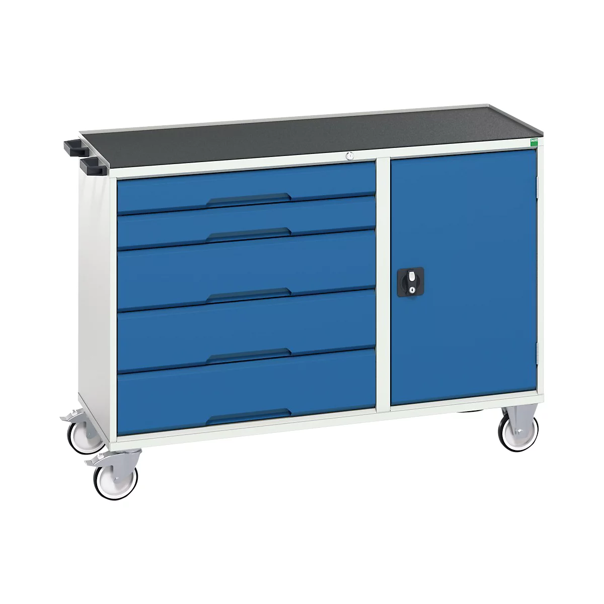 Bott verso montagewagen, verrijdbaar, 5 laden, tot 50 kg per lade, volledig uittrekbaar, B 1300 x D 550 x H 965 mm, deur &amp; afrolrand, plaatstaal, grijs-blauw