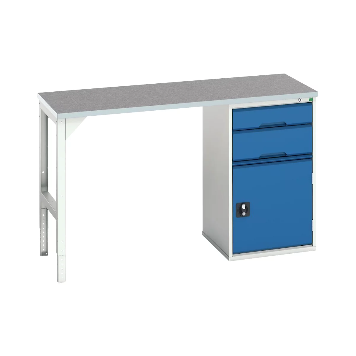 Bott verso onderbouwwerkbank, linoleumblad, 2 laden, 1 deur, 1 plank, B 1500 x D 600 x H 930 mm, lichtgrijs / gentiaanblauw