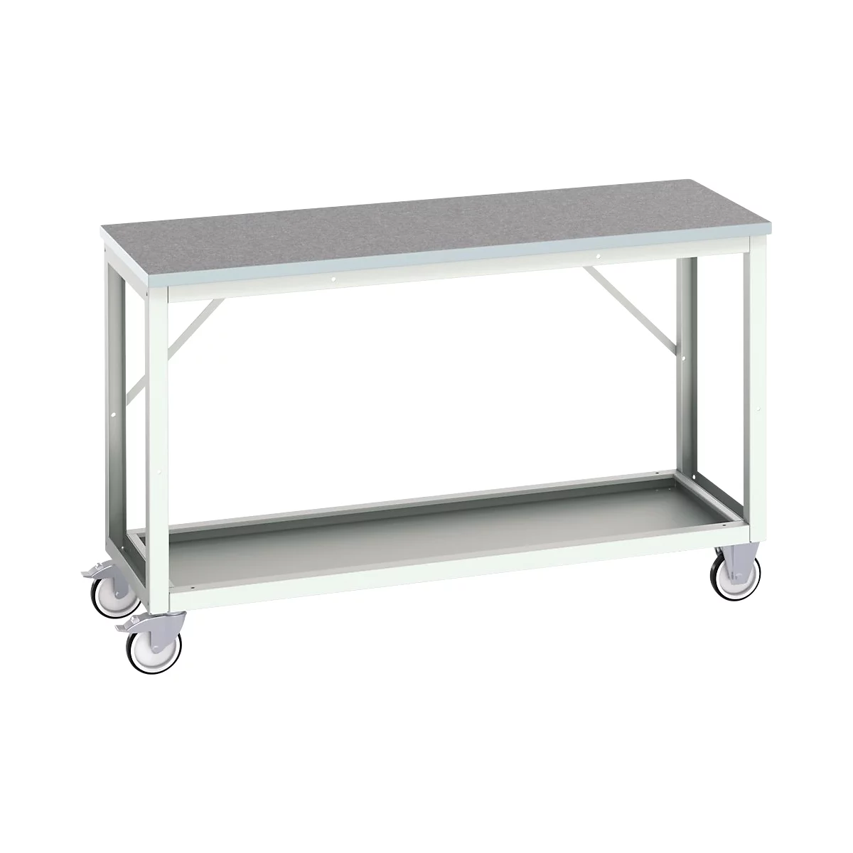 Bott verso verrijdbare werkbank, linoleumblad, 1 plank, met kruisschoorset, B 1500 x D 600 x H 930 mm, RAL 7035 lichtgrijs
