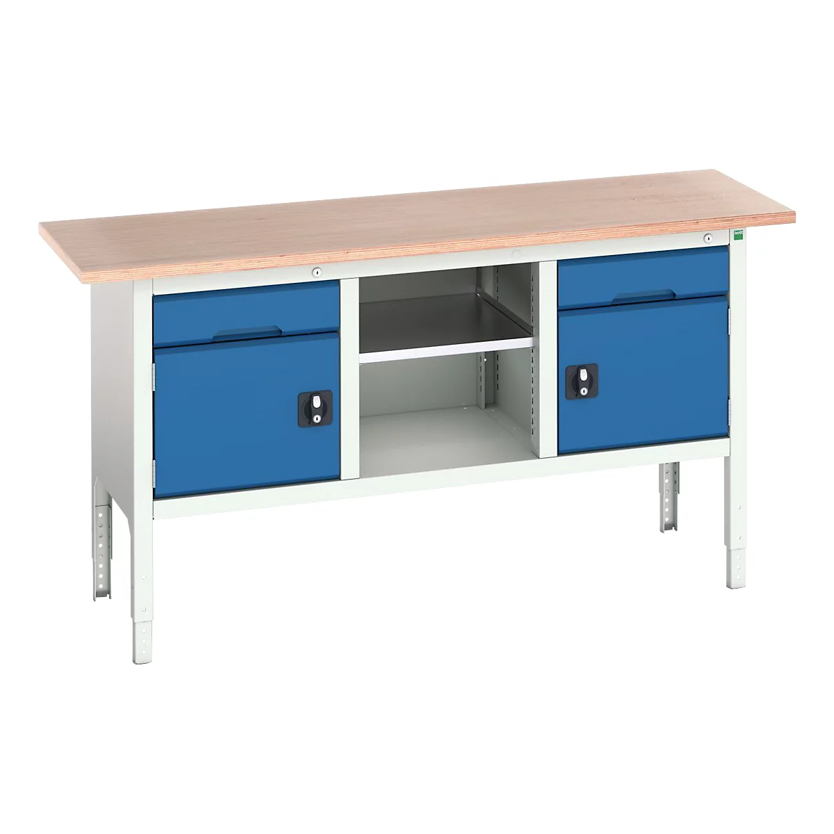 Bott verso werkbank in doosvorm, multiplexplaat, 2 laden, 1 legplank, 2 deuren, B 1750 x D 600 x H 830 - 930 mm, lichtgrijs / gentiaanblauw