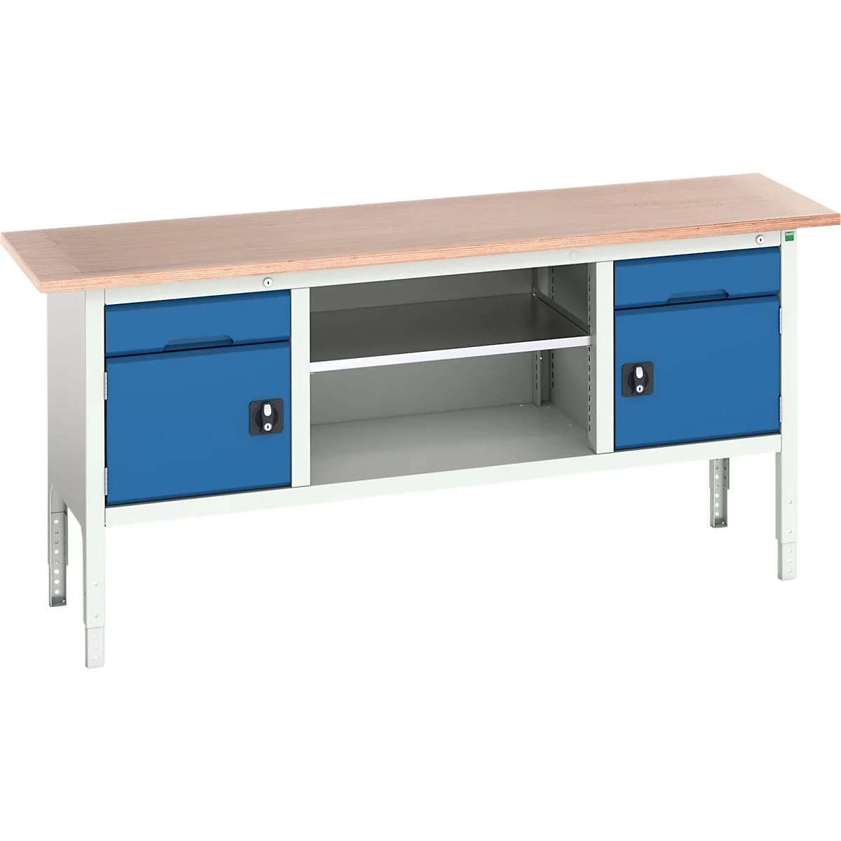 Bott verso werkbank in doosvorm, multiplexplaat, 2 laden, 2 deuren, 1 legplank, B 2000 x D 600 x H 830 - 930 mm, lichtgrijs / gentiaanblauw