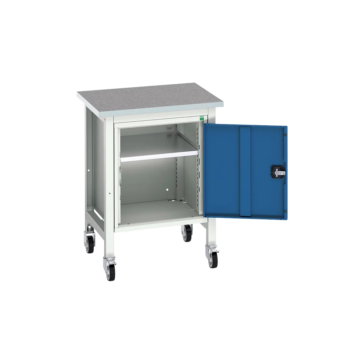 Bott verso werkbank, linoleumblad, 1 deur &amp; 1 plank, B 700 x D 600 x H 930 mm, lichtgrijs / gentiaanblauw