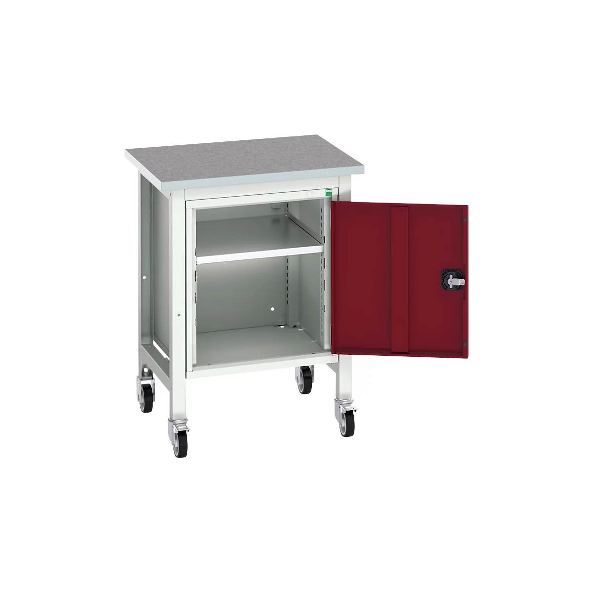 Bott verso werkbank, linoleumblad, 1 deur &amp; 1 plank, B 700 x D 600 x H 930 mm, lichtgrijs/paarsrood