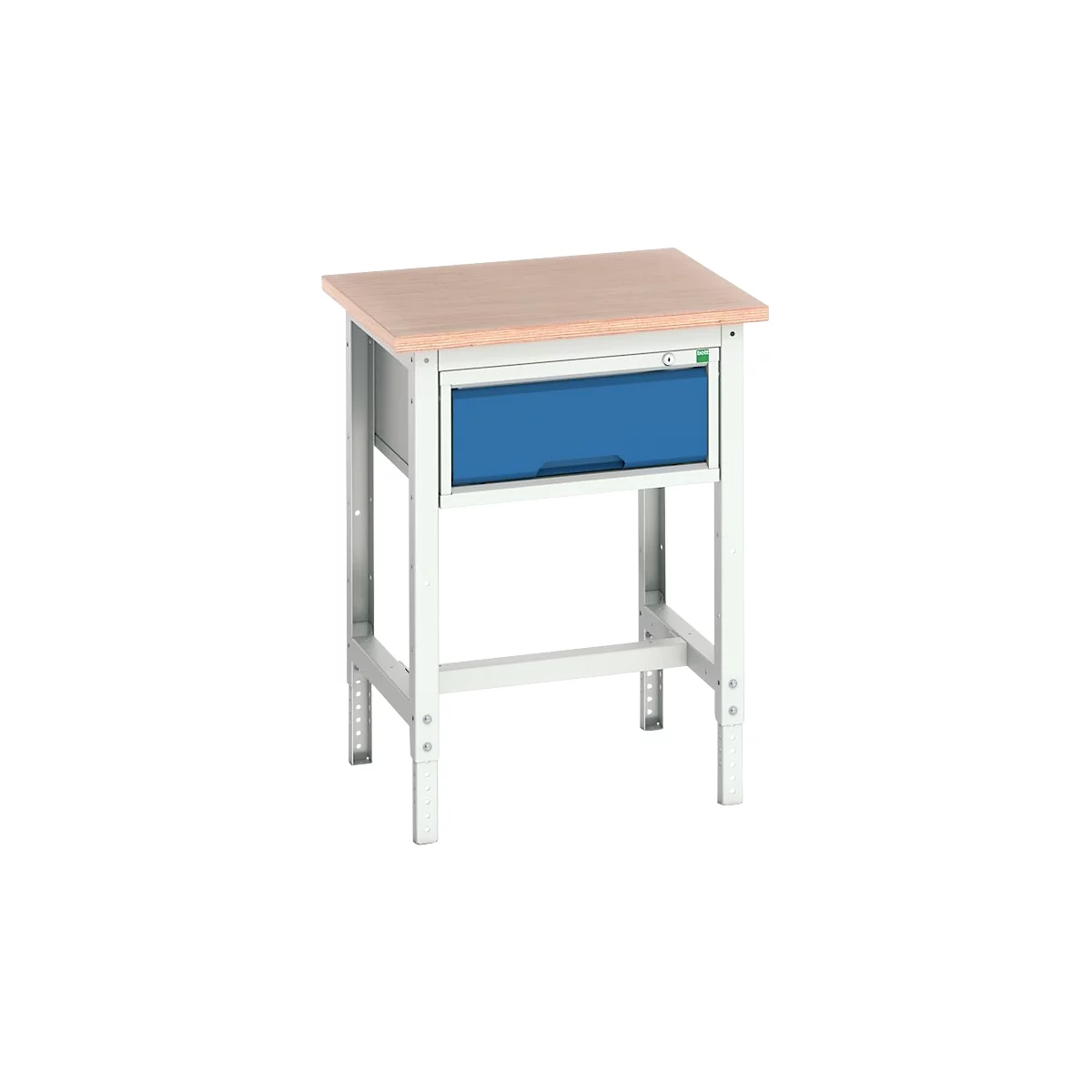 Bott verso werkbank, multiplex werkblad, 1 lade, met kruisschoorset, B 700 x D 600 x H 780 - 930 mm, RAL 7035 lichtgrijs / gentiaanblauw