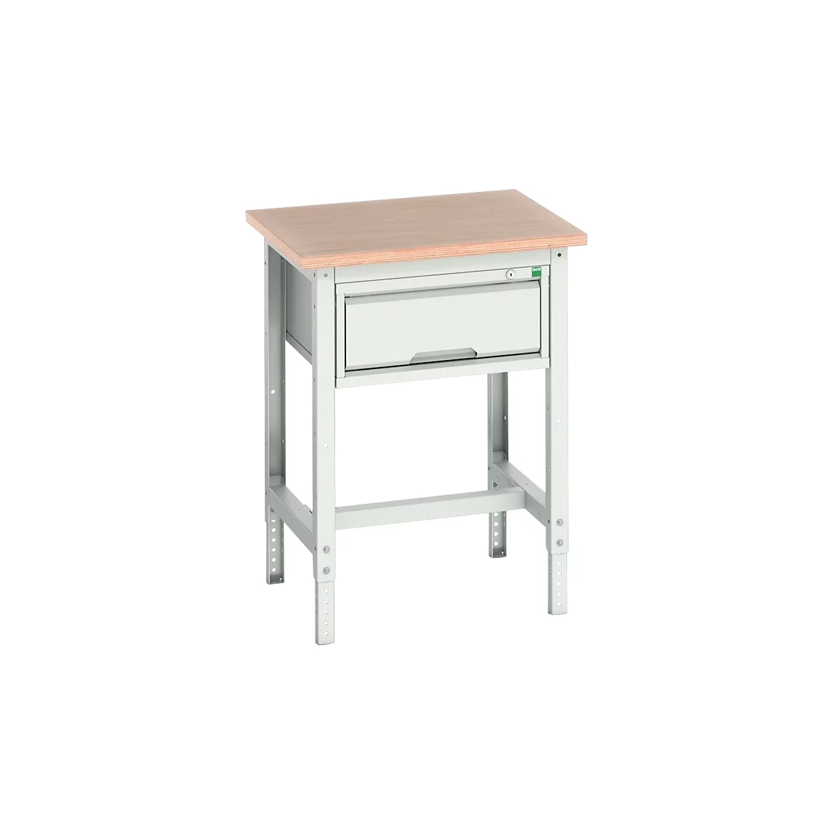 Bott verso werkbank, multiplex werkblad, 1 lade, met kruisschoorset, B 700 x D 600 x H 780 - 930 mm, RAL 7035 lichtgrijs