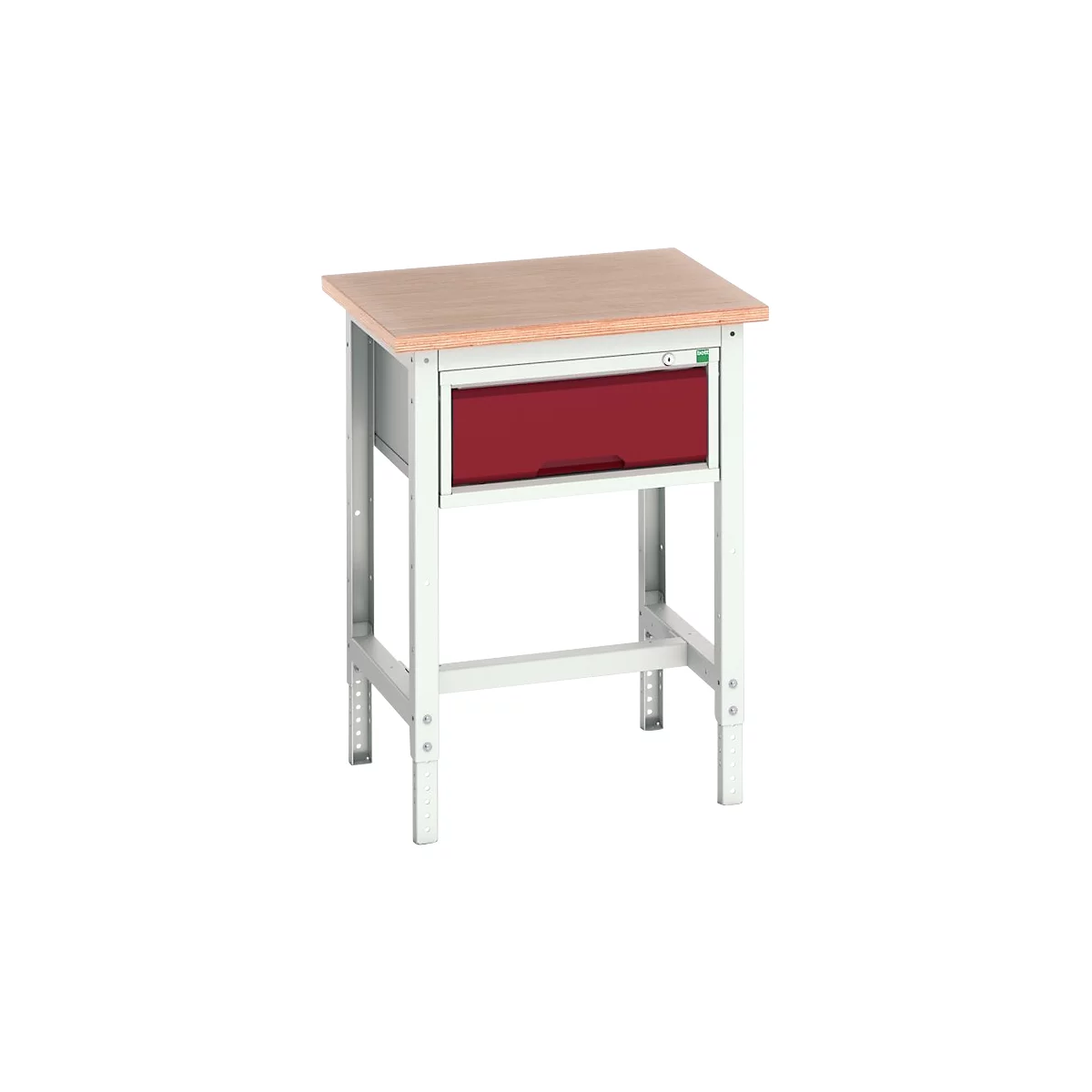 Bott verso werkbank, multiplex werkblad, 1 lade, met kruisschoorset, B 700 x D 600 x H 780 - 930 mm, RAL 7035 lichtgrijs / paarsrood