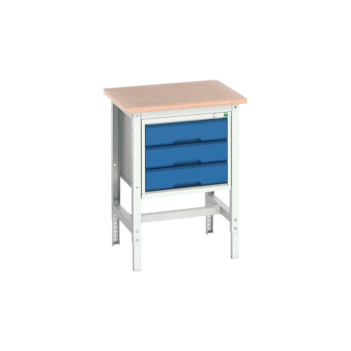 Bott verso werkbank, multiplexplaat, met set dwarsverbindingen, 3 laden, B 700 x D 600 x H 780 - 930 mm, lichtgrijs / gentiaanblauw