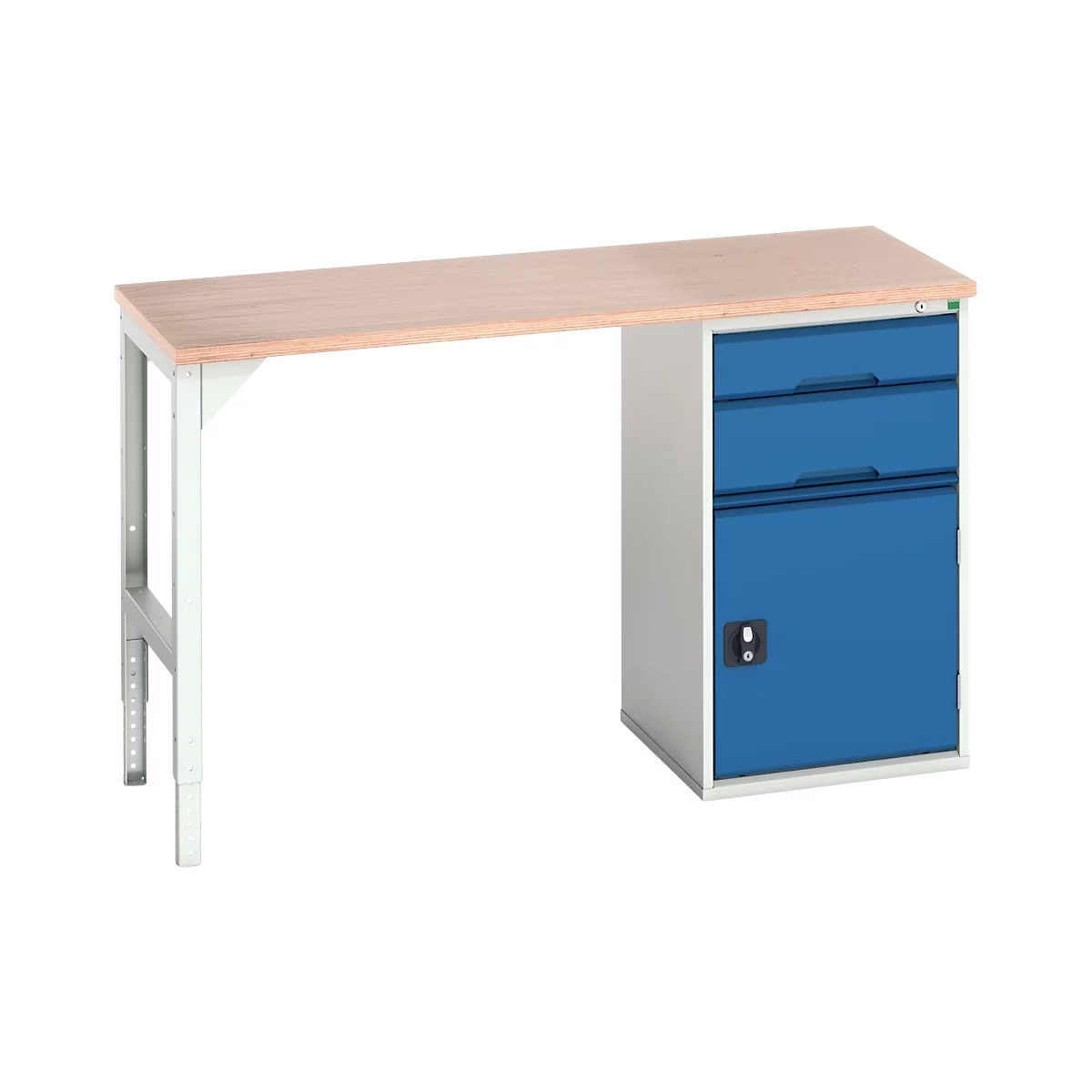 Bott verso werkbank onderbouw, multiplex legbord, 2 laden, 1 deur, 1 legbord, B 1500 x D 600 x H 930 mm, lichtgrijs / gentiaanblauw