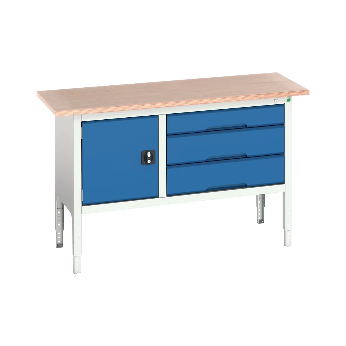 Bott verso werkbank, tot 600 kg, 3 laden &amp; 1 deur, B 1500 x D 600 x H 830 - 930 mm, beuken multiplex, staal, lichtgrijs RAL 7035 / gentiaanblauw RAL 5010
