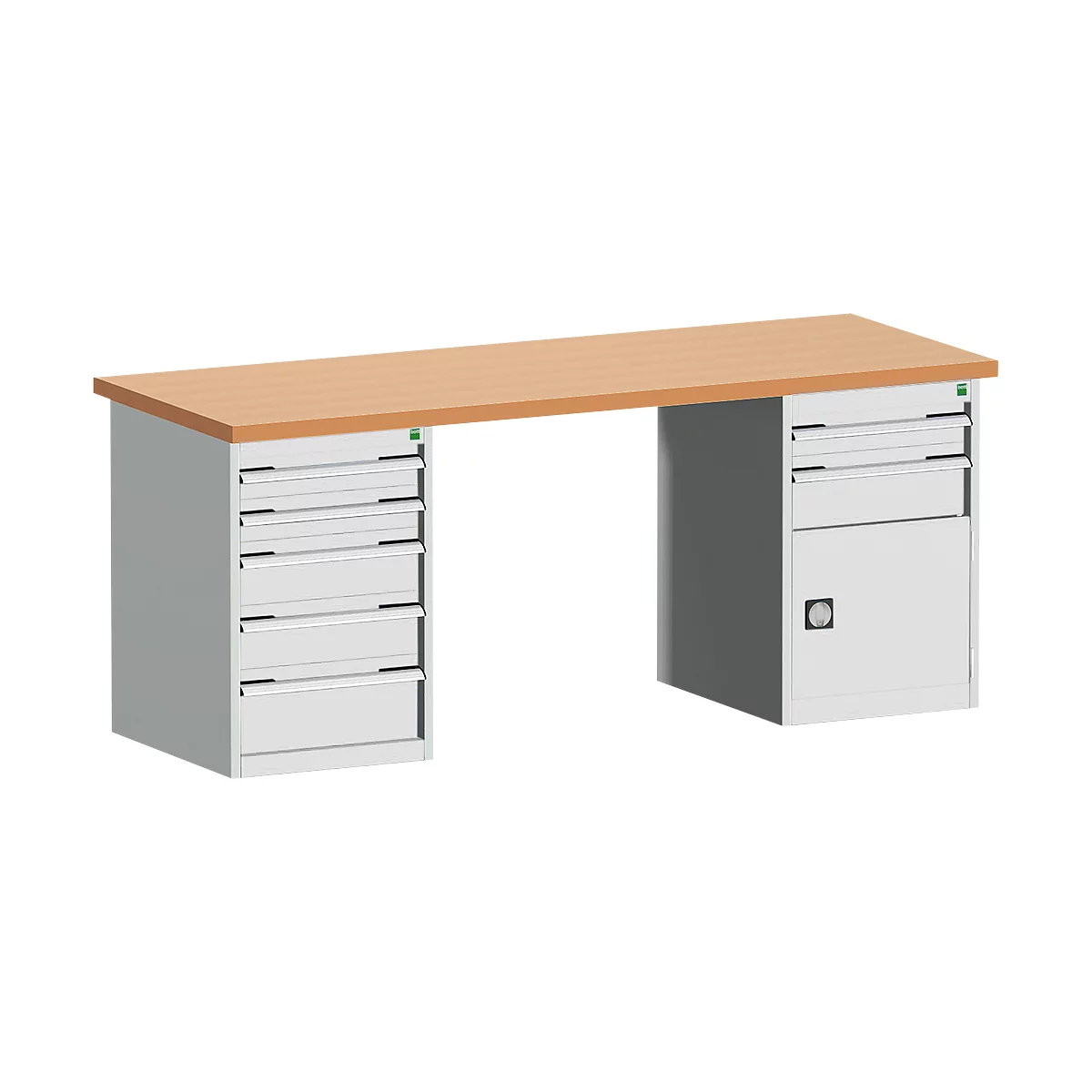 Ein Werkstatttisch mit Holzplatte und Schubladenschränken aus Metall.