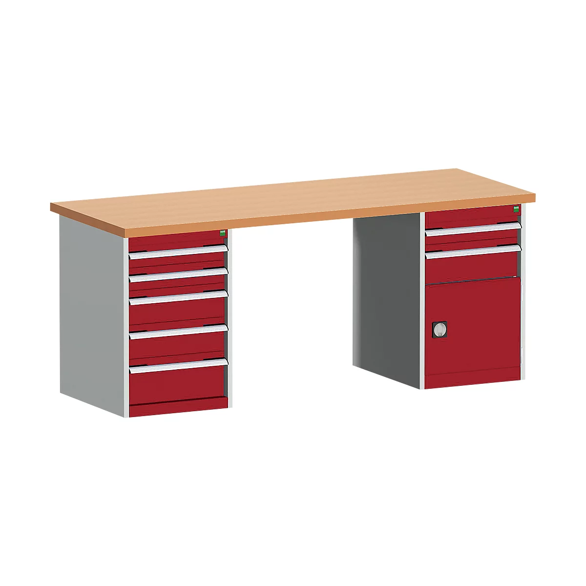 Werkbank mit roter Schubladen und Schrank. Oben eine helle Holzplatte.