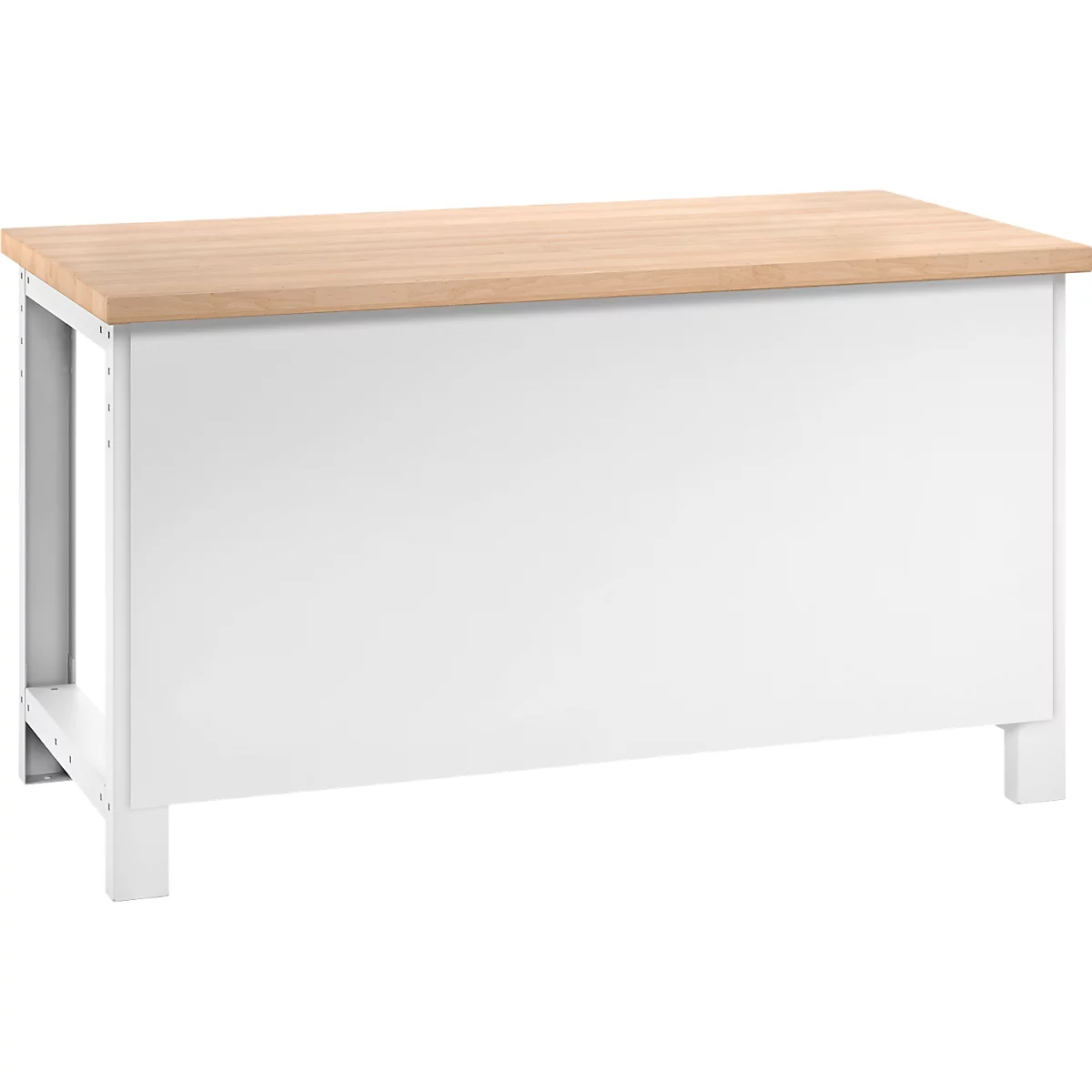 Werkbank mit weißem Korpus und heller Holzplatte. Stahlfüße und -rahmen.