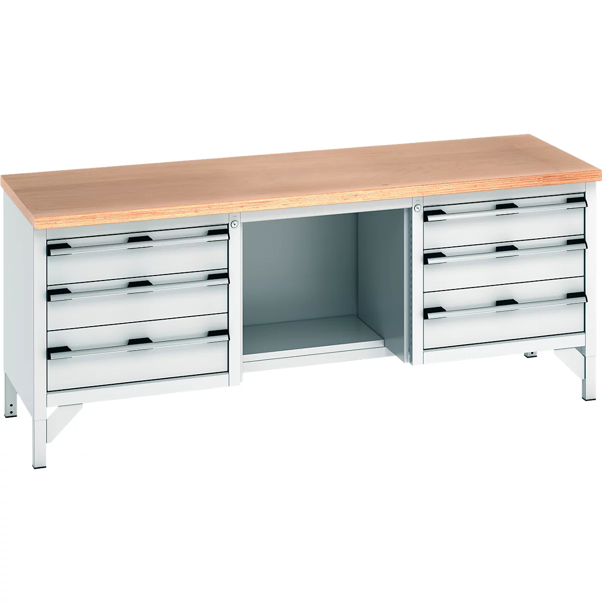 Werkbank mit Holzplatte, grauen Schubladen und offenem Fach.