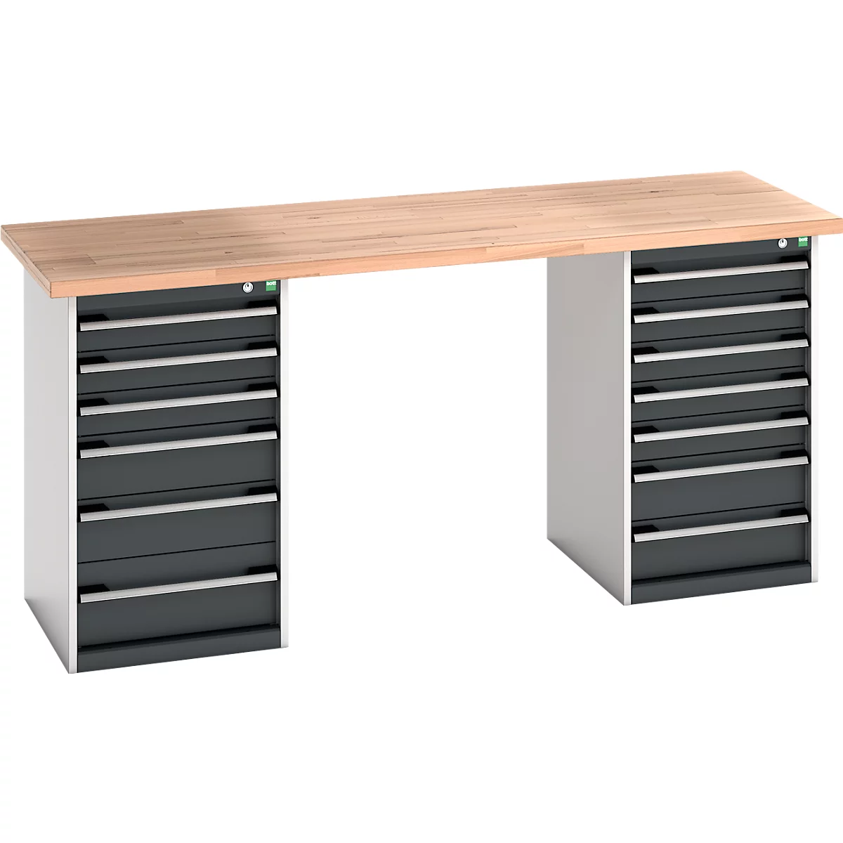 Werkbank mit Holzplatte, zwei grauen Schrankunterteilen und silbernen Griffen.