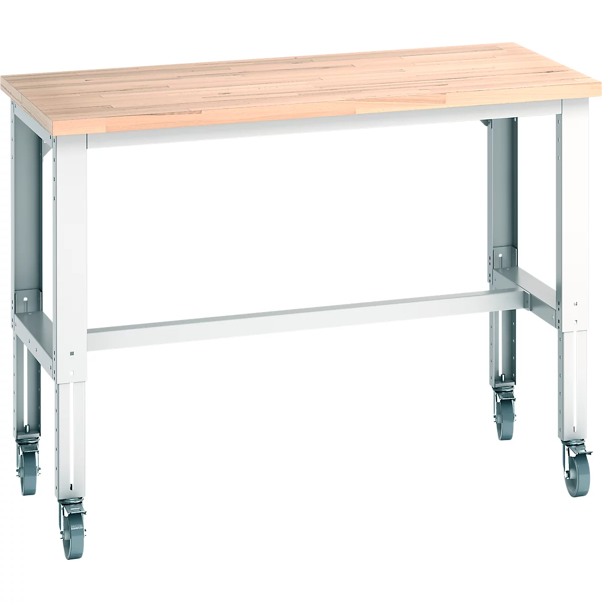 Werkbank mit Rollen, helle Holzplatte und weißem Metallgestell.