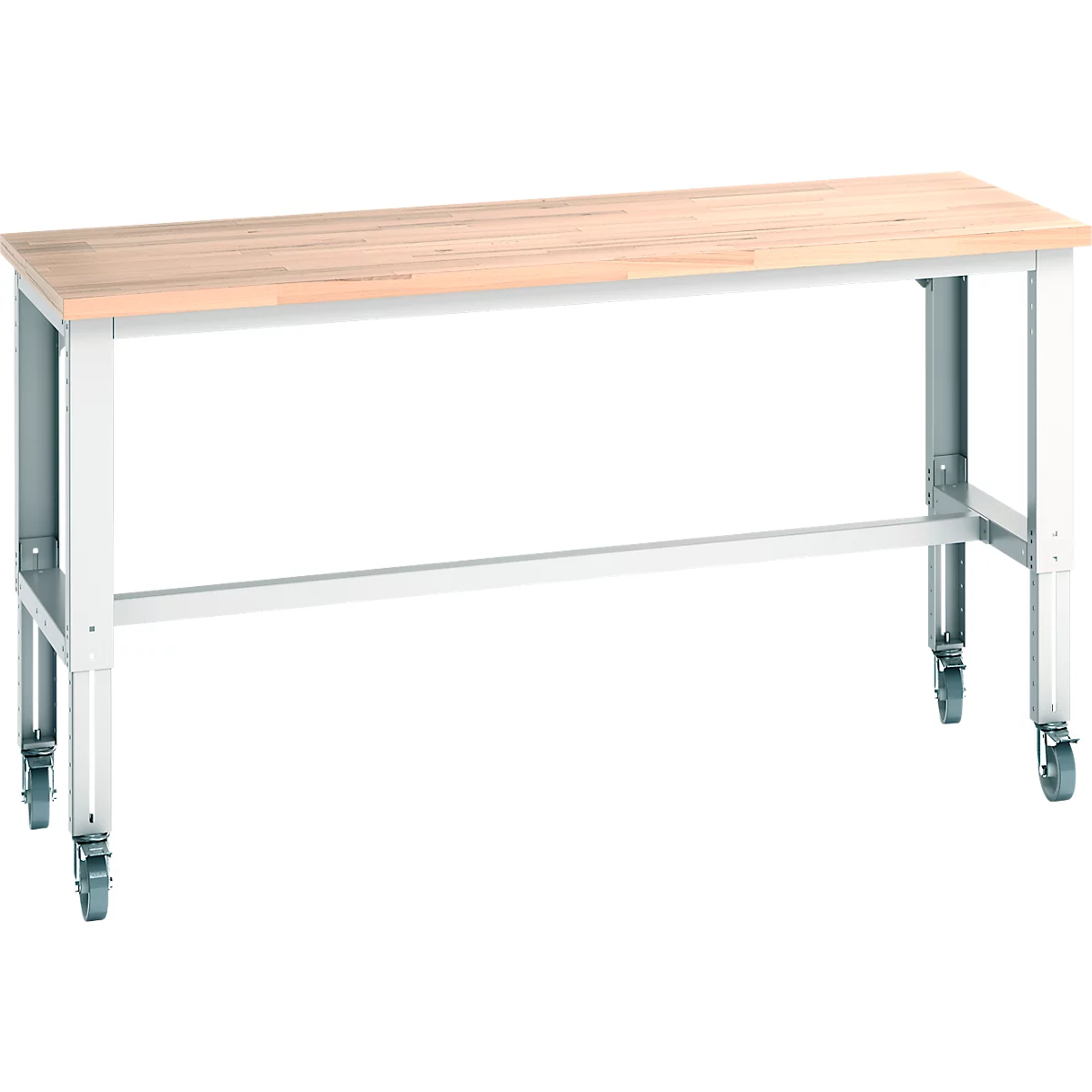 Werkbank mit Holzplatte, grauem Metallgestell und Rollen. Die Arbeitsfläche ist hell, der Rahmen hat eine helle graue Farbe.