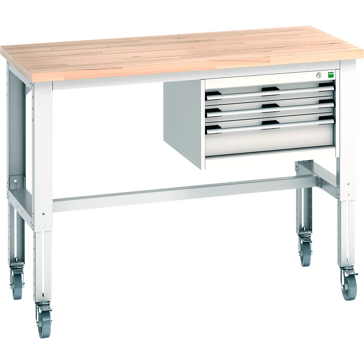 Werkbank mit Holzplatte, Schubladenschrank und Rollen. Metallgestell, Schubladen silberfarben.