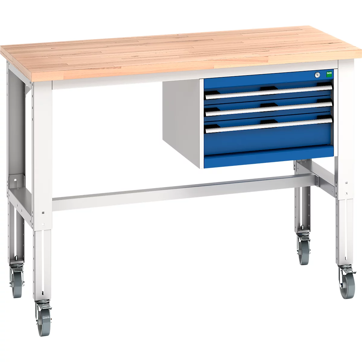 Werkbank mit Holzplatte, weißem Gestell, blauen Schubladen und Rollen.