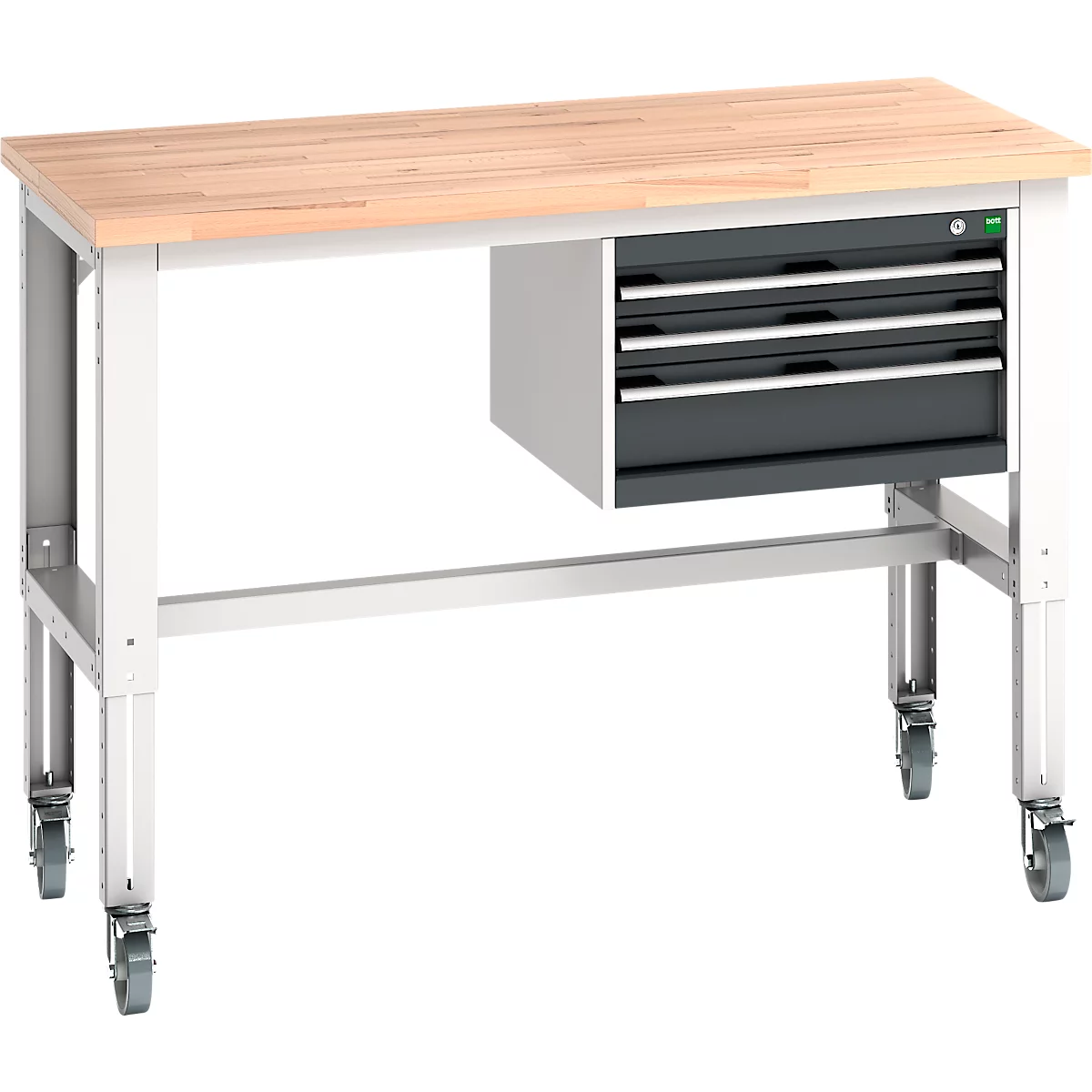 Werkbank mit Holzplatte, grauem Schubladenschrank und Rollen.