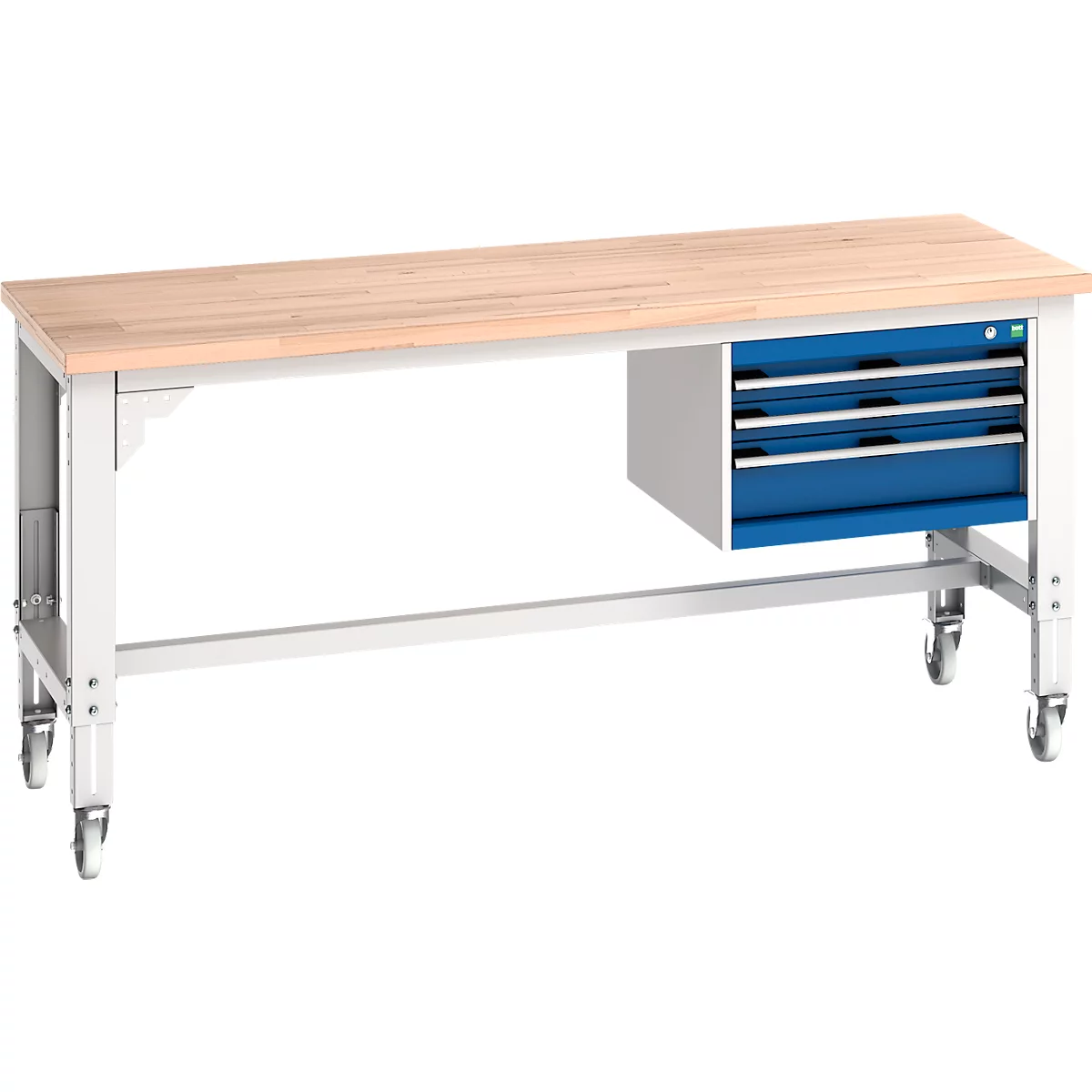 Werkbank mit Holzplatte, weißem Gestell und blauen Schubladen auf Rollen.