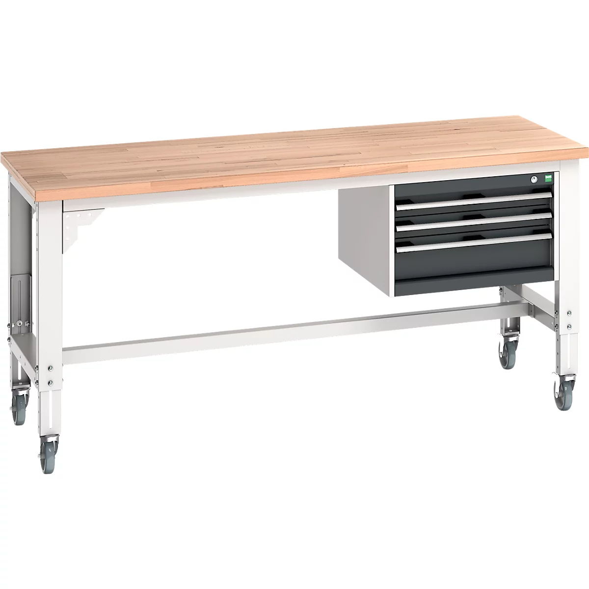 Werkbank mit Holzplatte, grauen Schubladen und Rollen. Hellgraues Gestell, unaufgeräumt.