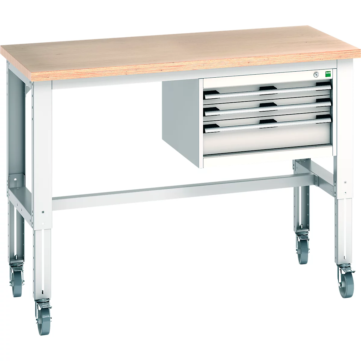 Werkbank mit Holzplatte, grauem Gestell und Rollen. Schränke mit Schubladen. Eine grüne LED leuchtet am Schrank.