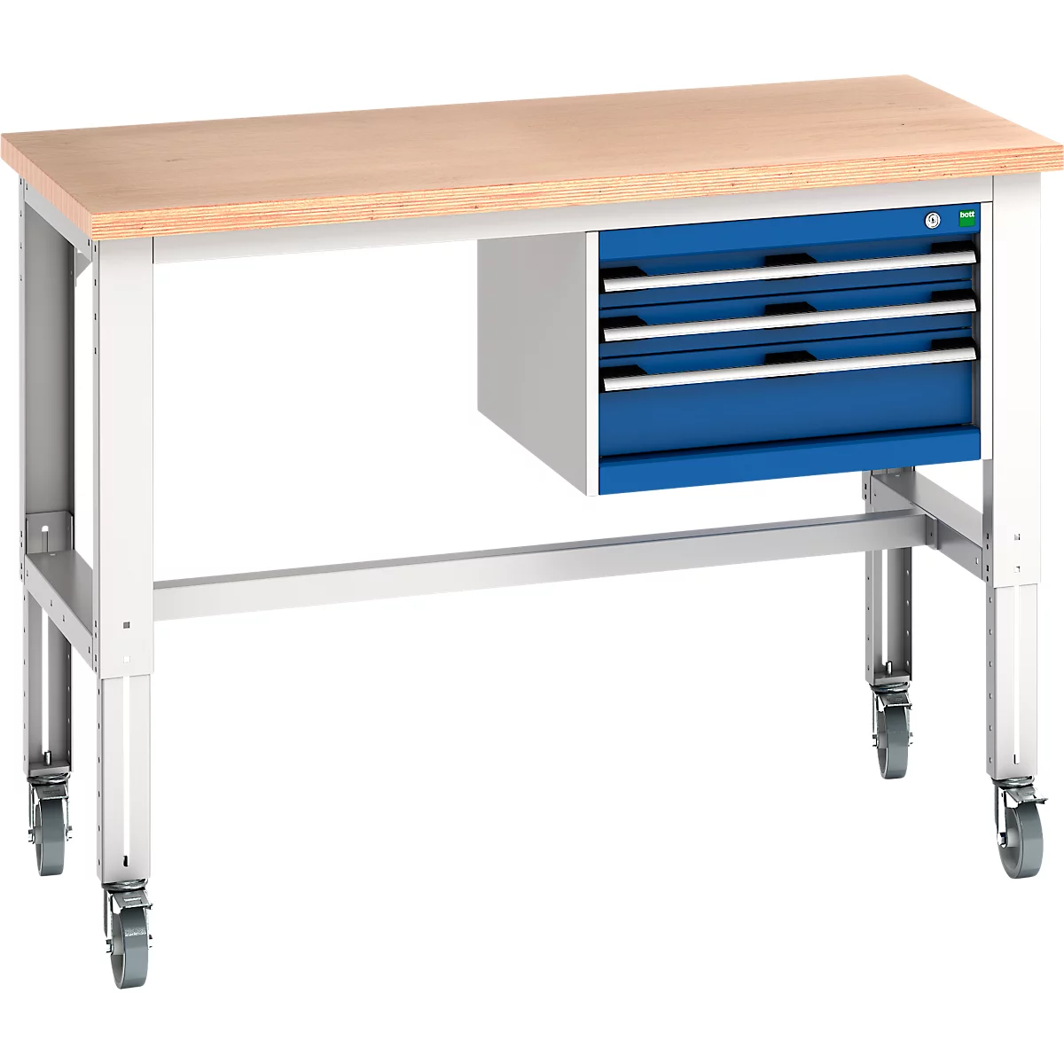 Werkbank mit Holzplatte, blauem Schubladenelement und Rollen.