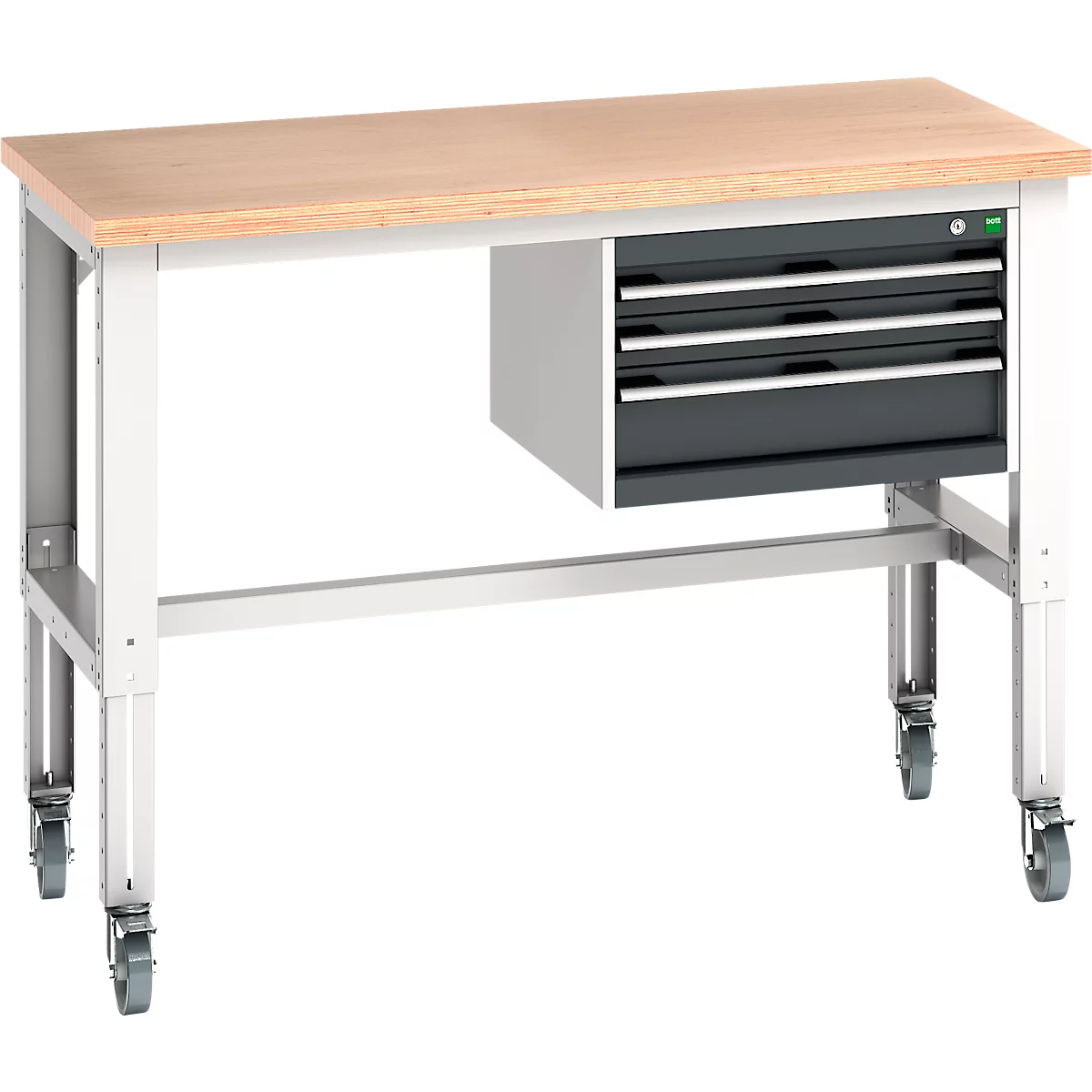 Werkbank mit Holzplatte, grauen Schubladen und Rädern.