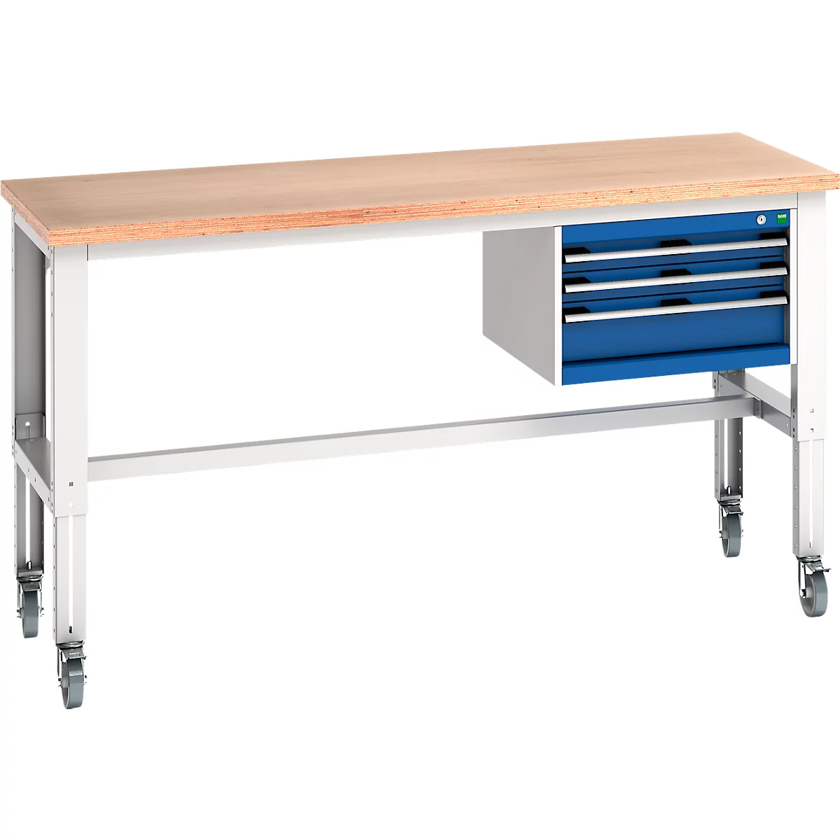 Werkbank mit Holzplatte, weißem Gestell und blauen Schubladen auf Rollen.