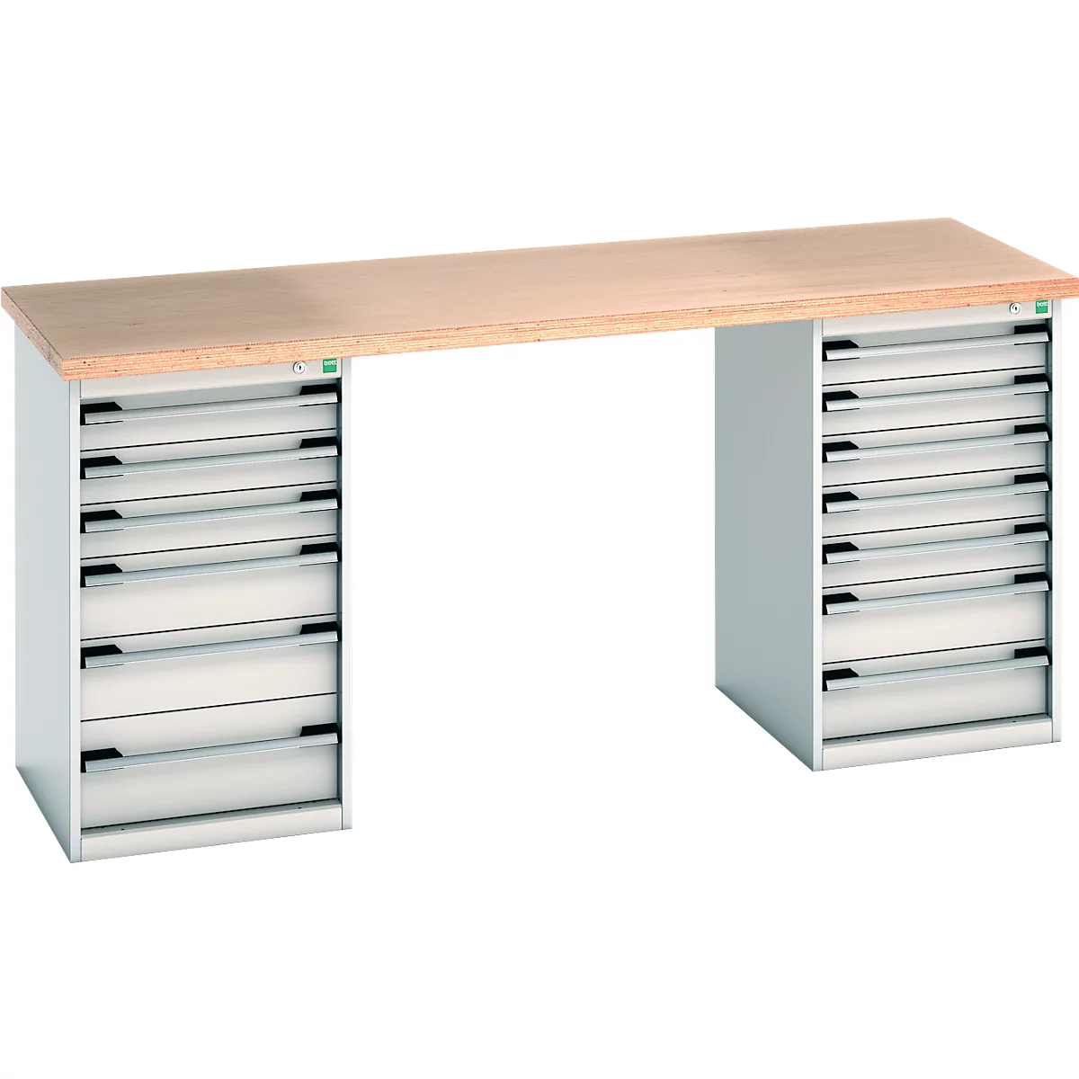 Werkbank mit Holzplatte, hellgrauen Schubladenschränken. Schubladen sind mit schwarzen Griffen versehen.