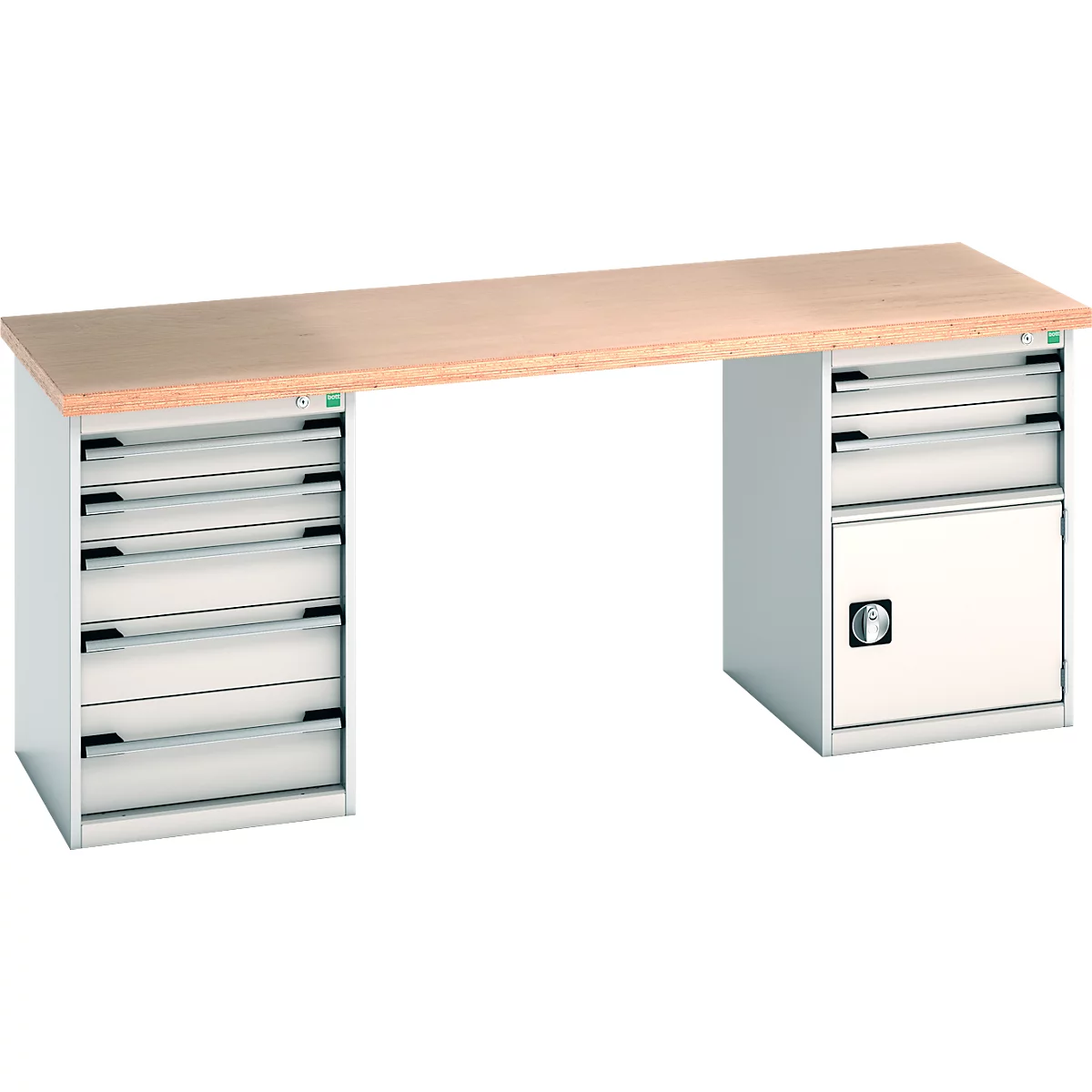 Werkbank mit Holzplatte, grauen Schubladen und Schrank.