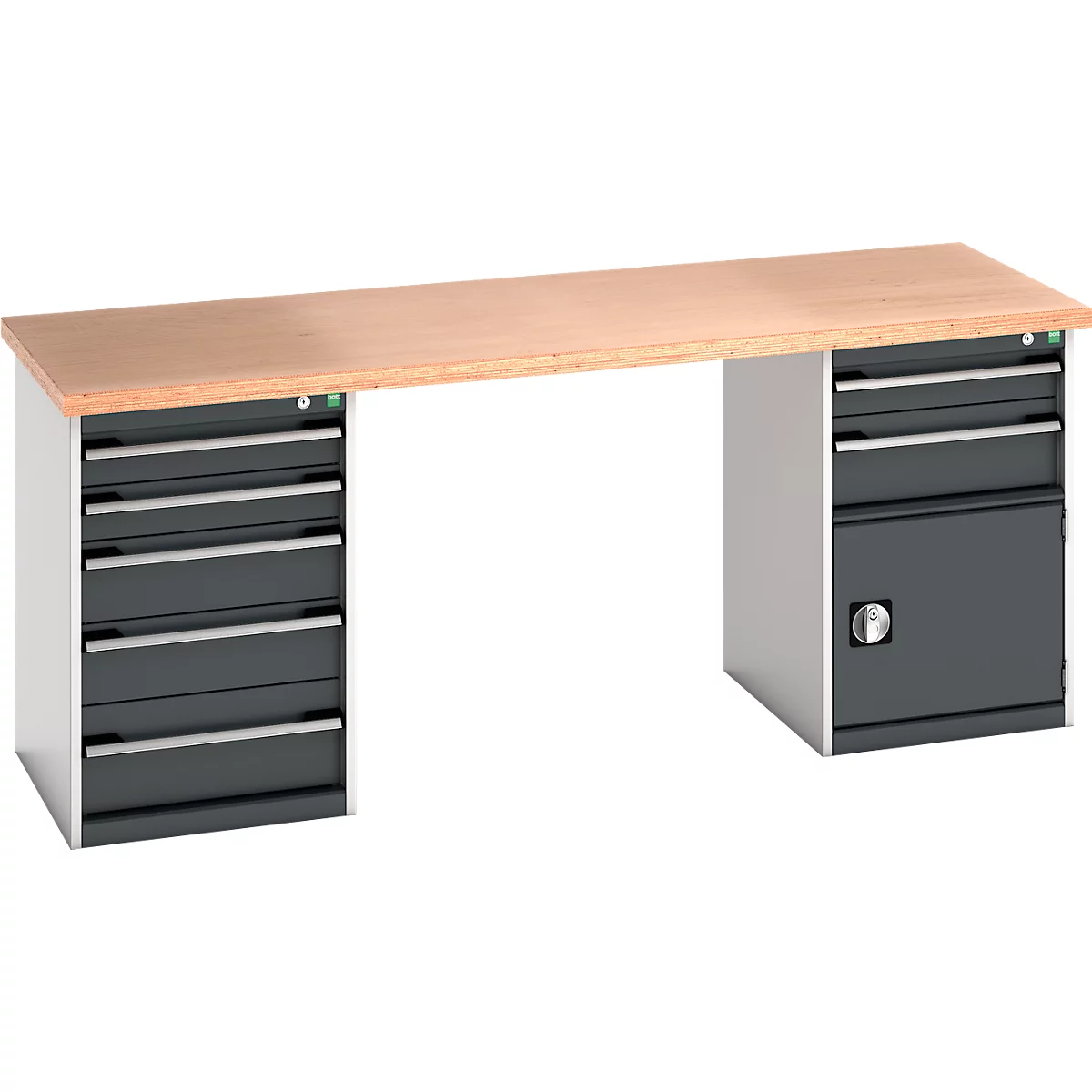 Werkbank mit Holzplatte, grauen Schubladen und silbernen Griffen.