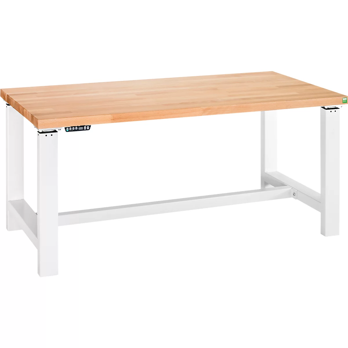 Ein großer, rechteckiger Holztisch mit weiß lackierten Metallbeinen. Die Tischplatte ist hellbraun, die Beine bilden ein stabiles Gestell.