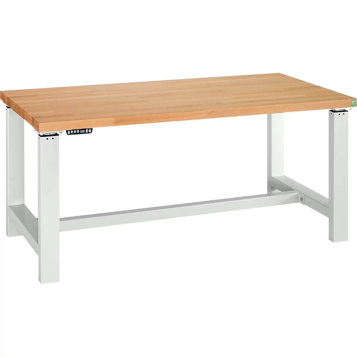 Hellbraune Holz-Werkbank mit weißen Metallbeinen. Auf der Werkbank steht ein kleiner grüner Aufkleber.