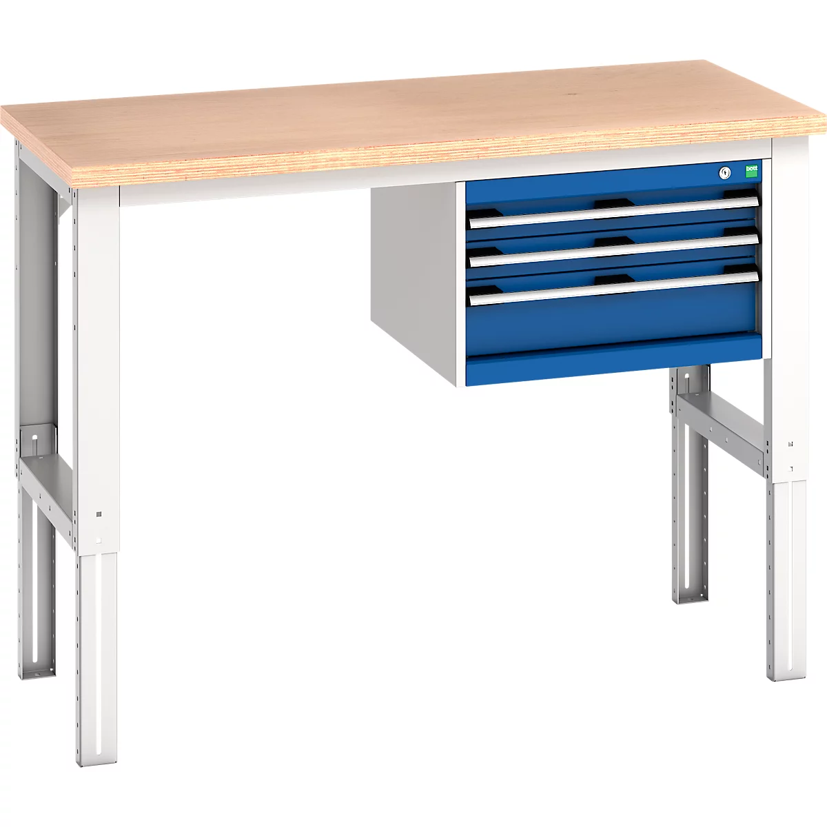 Werkbank mit Holzplatte, weißem Gestell und blauen Schubladen.